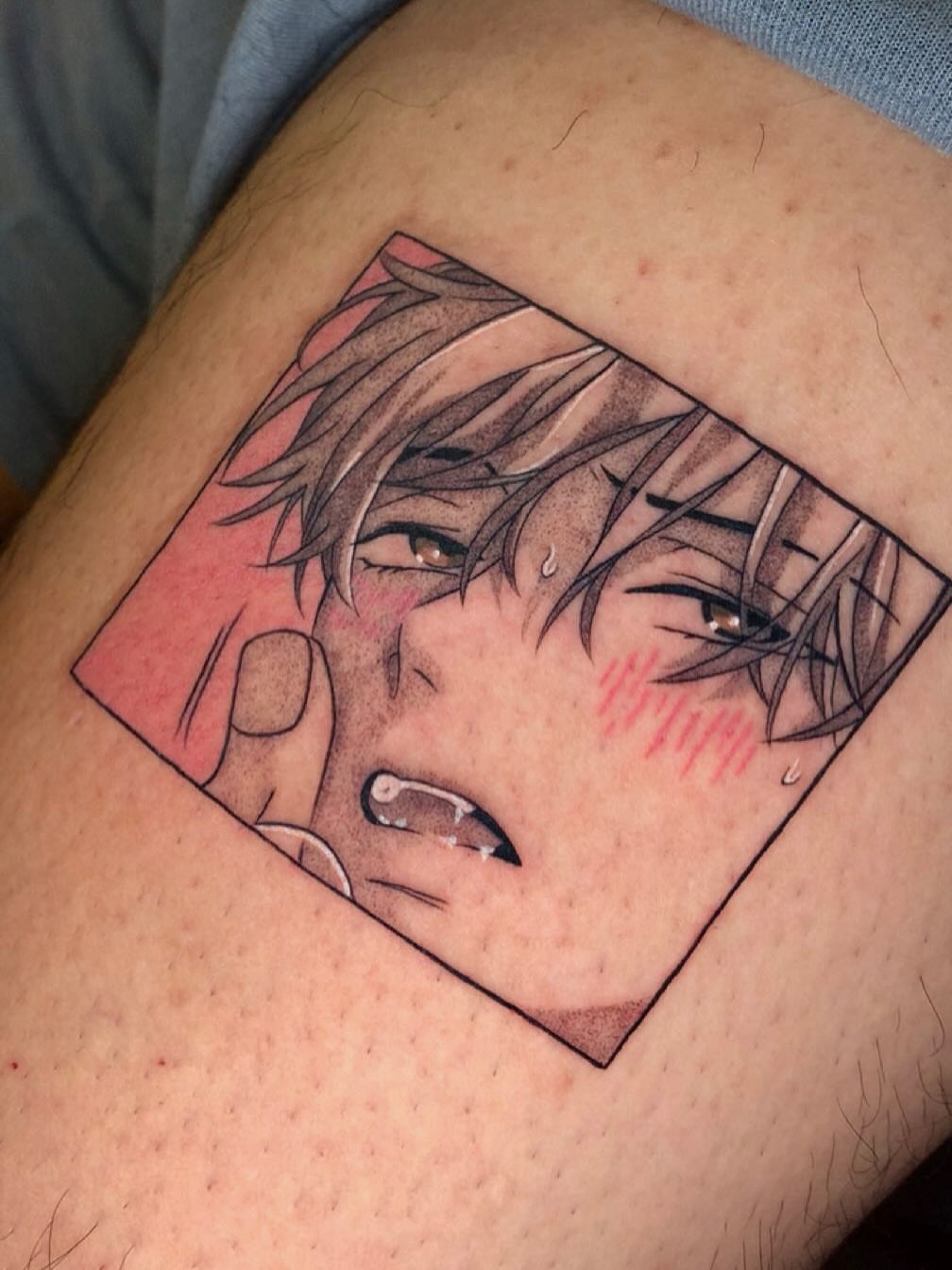 Anime character anime tattoo on the thigh by Maddie Rees