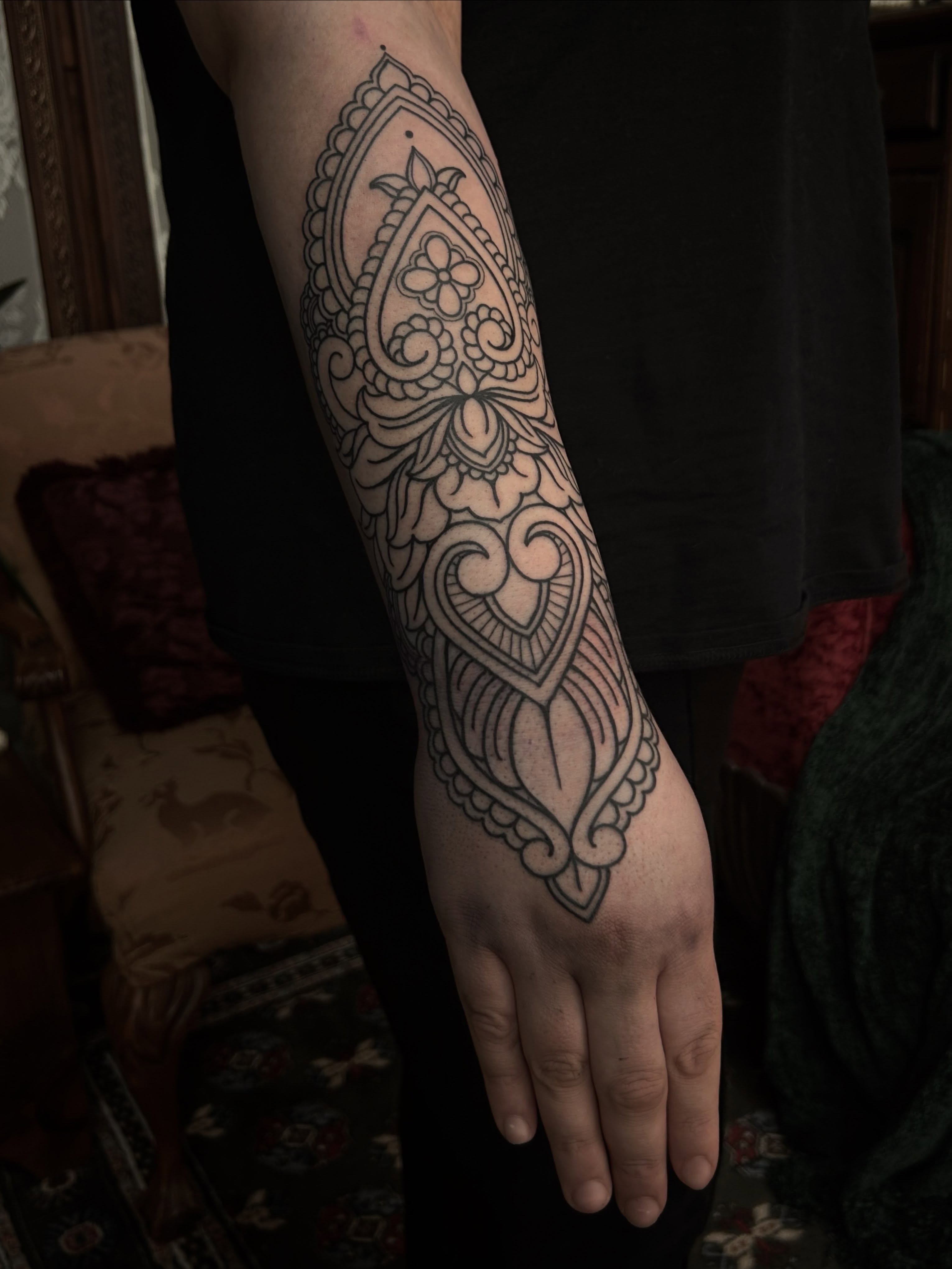 Ornamental ornamental tattoo on the forearm by ꧁𝙺𝚊𝚛𝚒𝚗𝚊꧂, Grinnell, Iowa