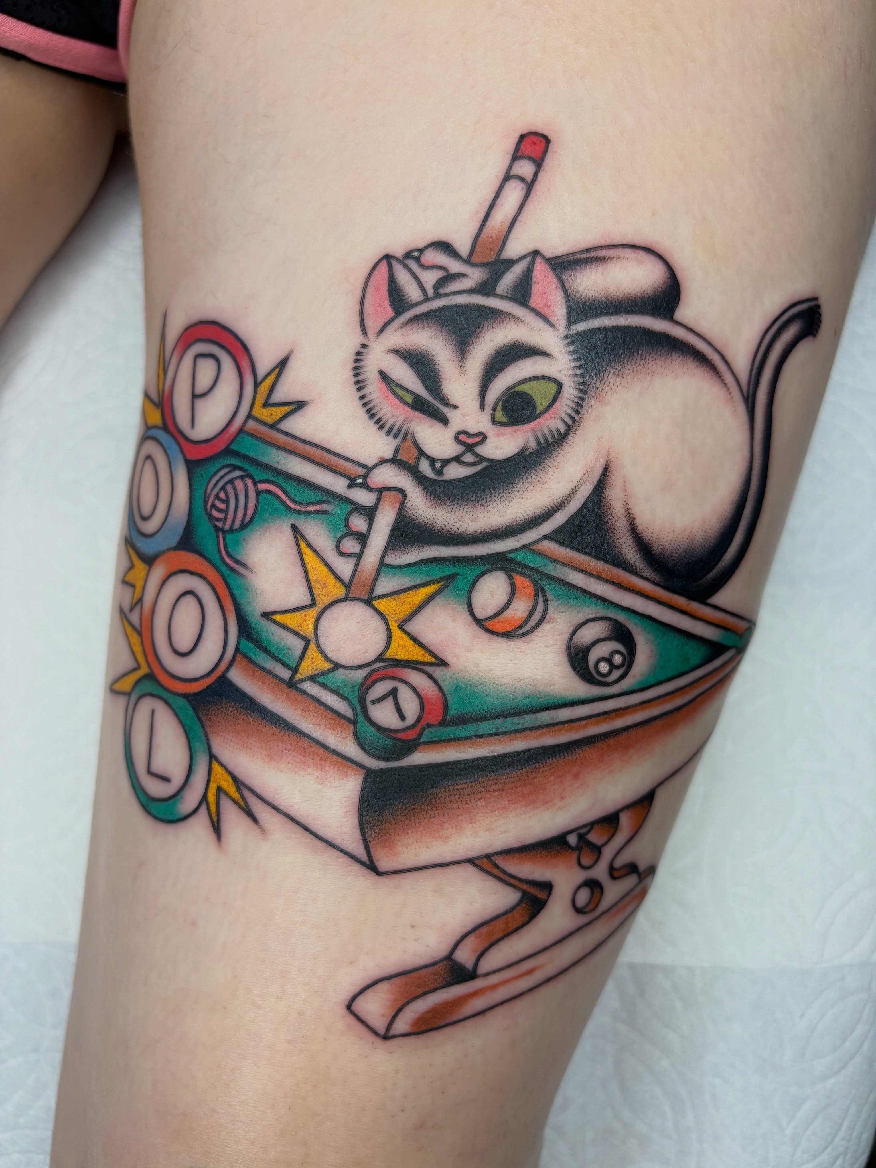 Cat playing pool American traditional tattoo on the thigh by Nori