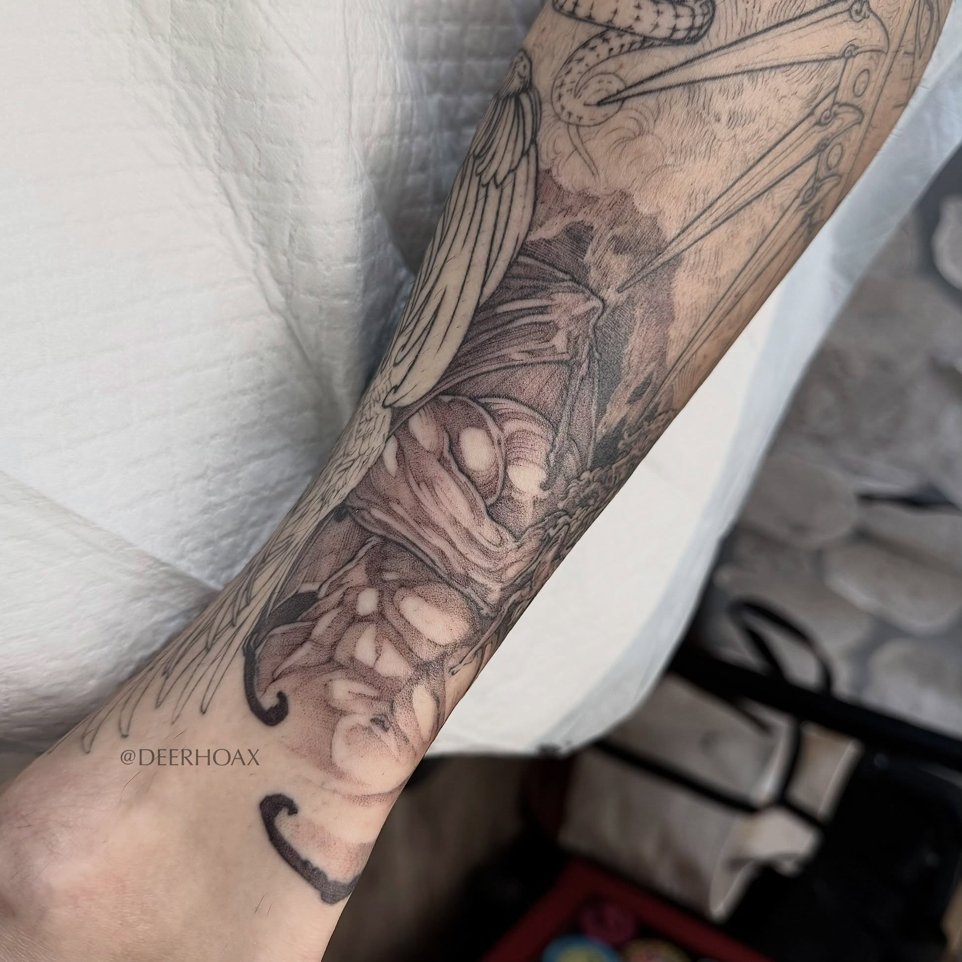 Angelic figure realism tattoo on the forearm by Mary "Baby Hands" Kulvete