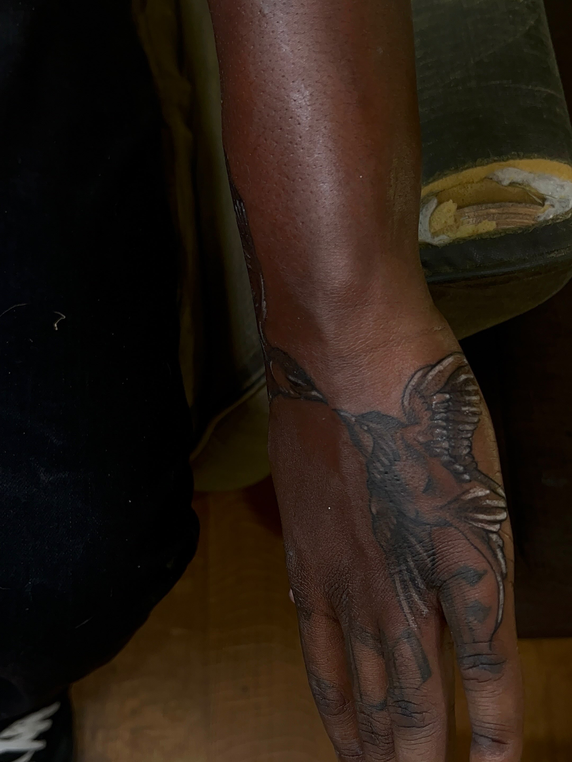 Bird black and grey tattoo on the hand by zion