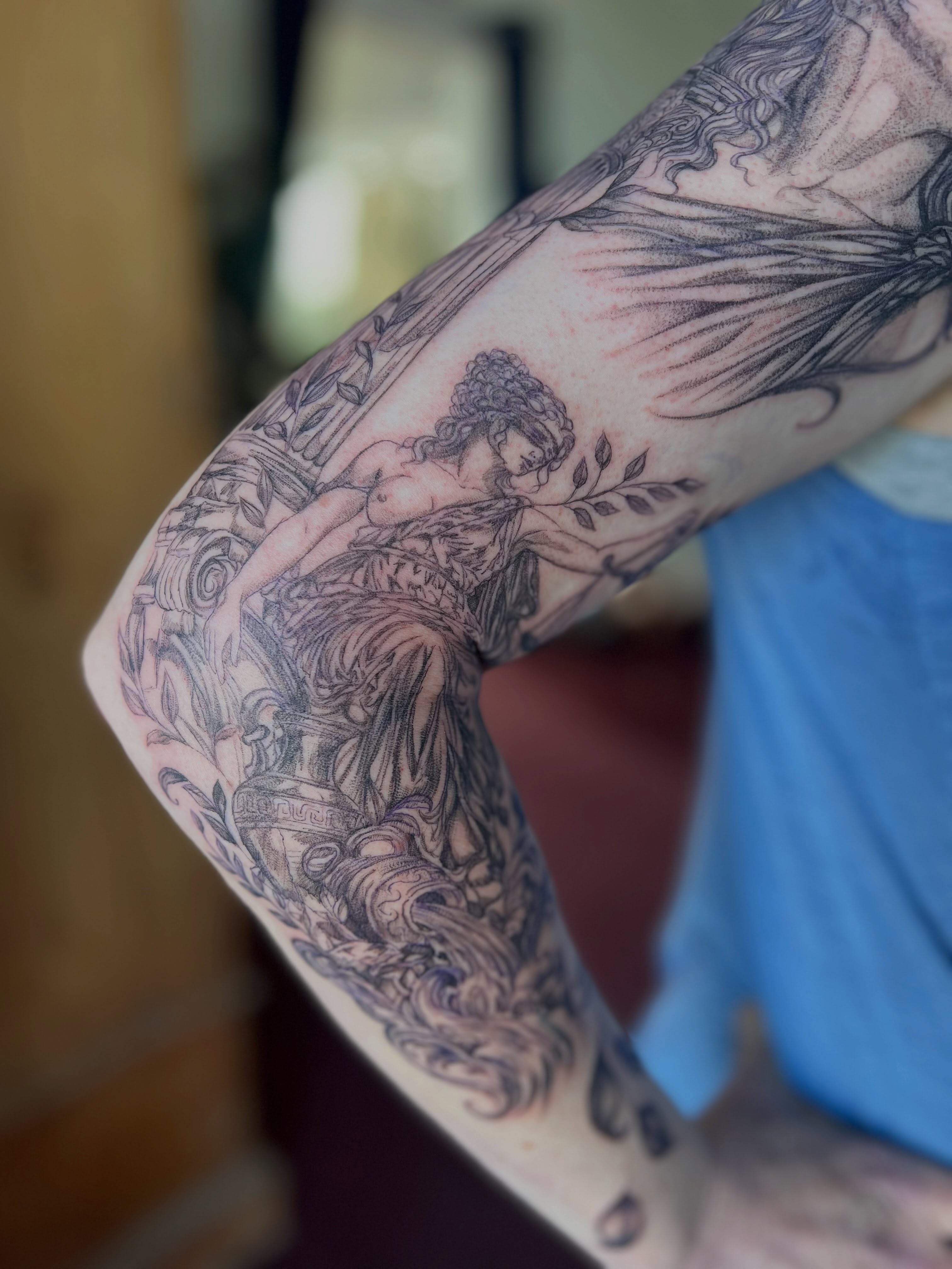 Mythological figure realism tattoo on the forearm by Jordi WA Tacoma Tattooer