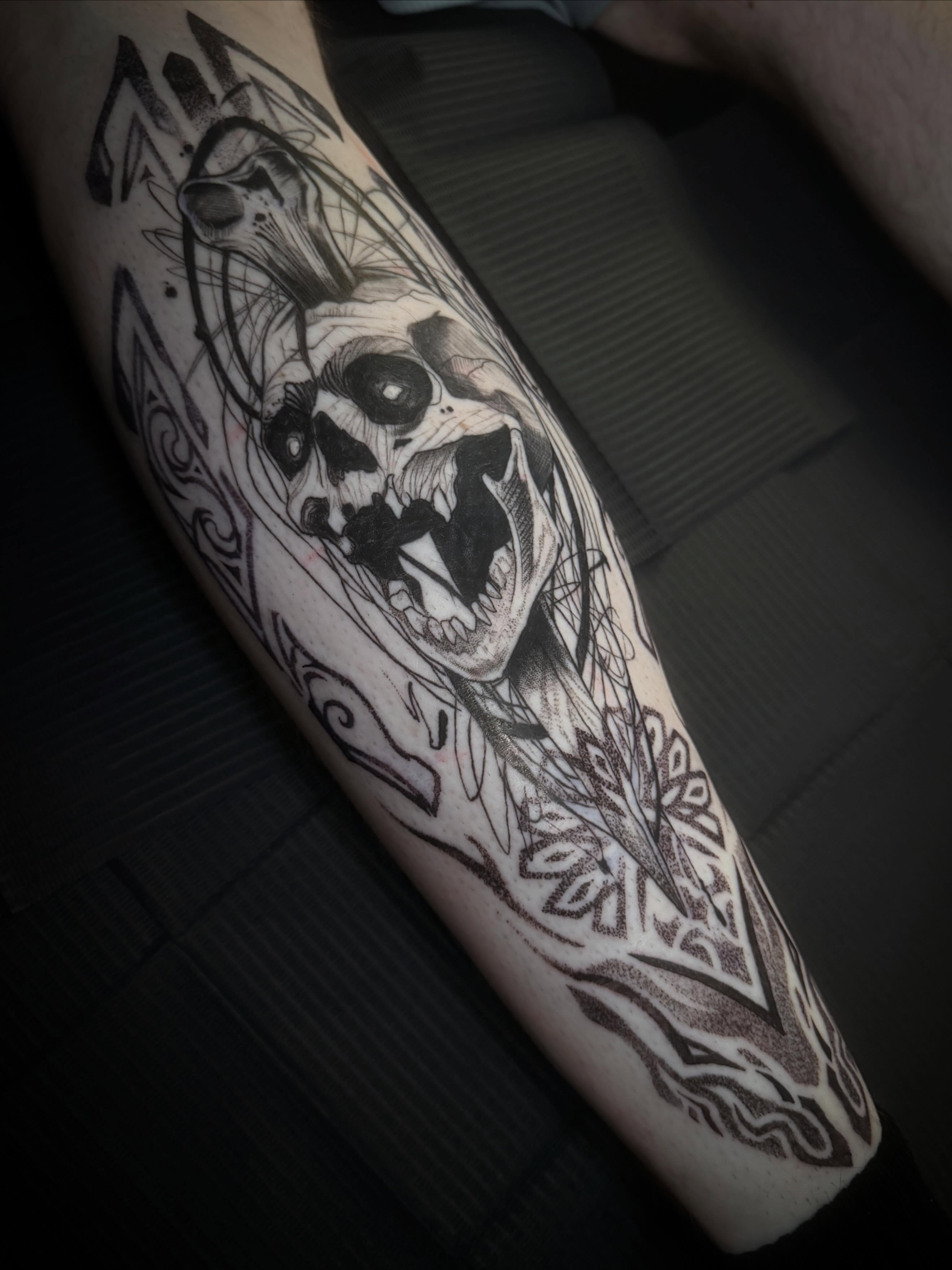 Tattoo by @whitehorsetattooing — black_and_grey, dark_realism