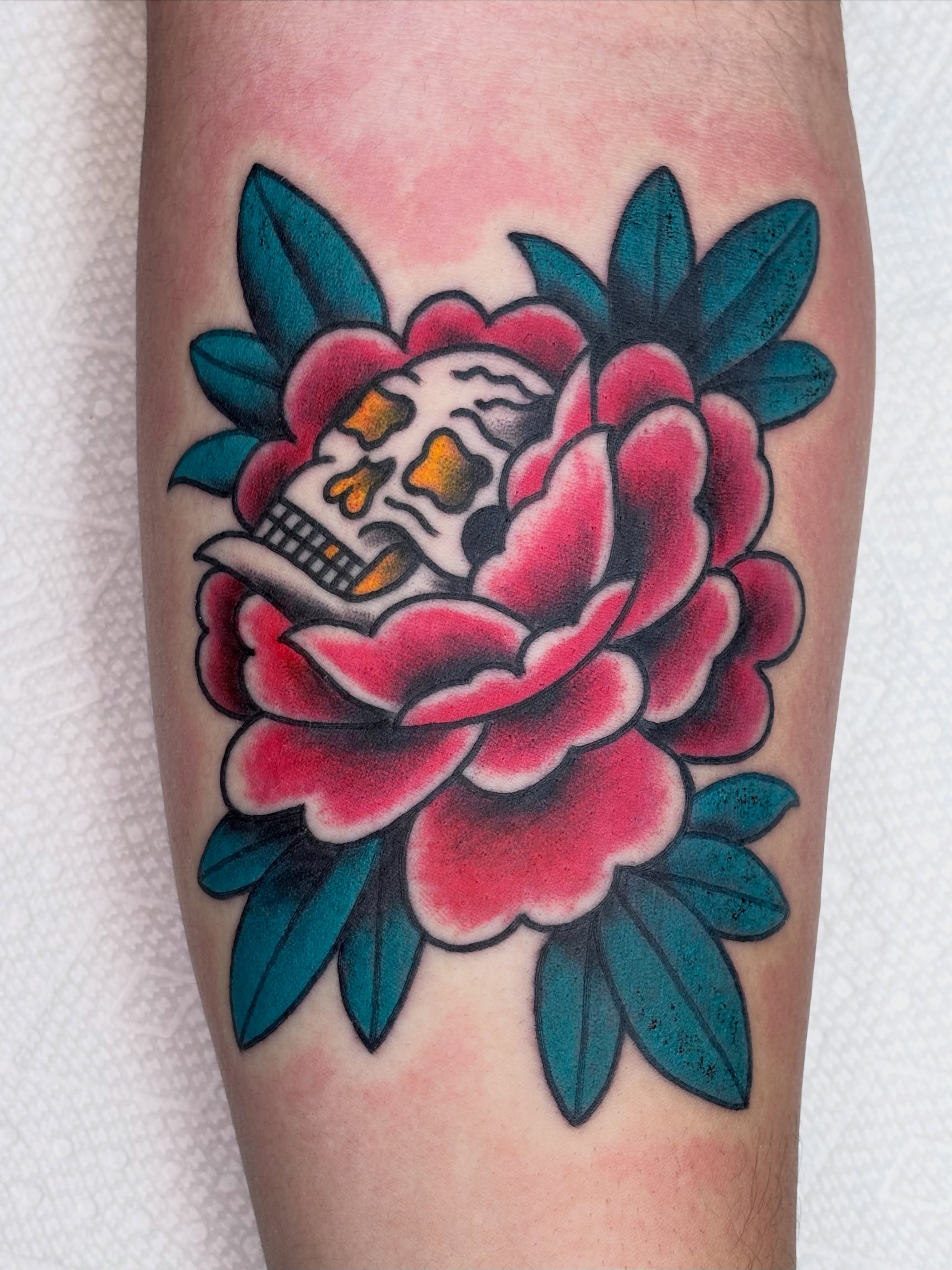 Peony with skull American traditional tattoo on the forearm by ★ ★ ★ Matt Reinstone ★ ★ ★