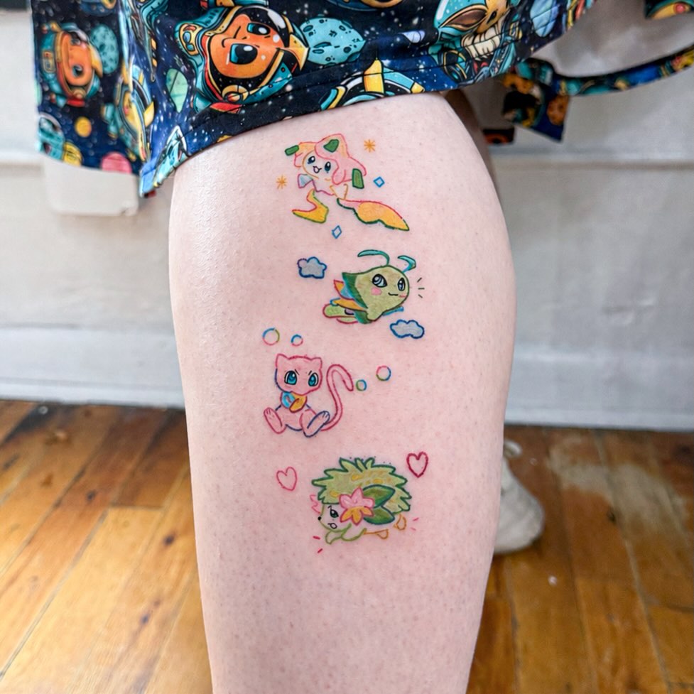 Kawaii characters new school tattoo on the thigh by Yez tattoo