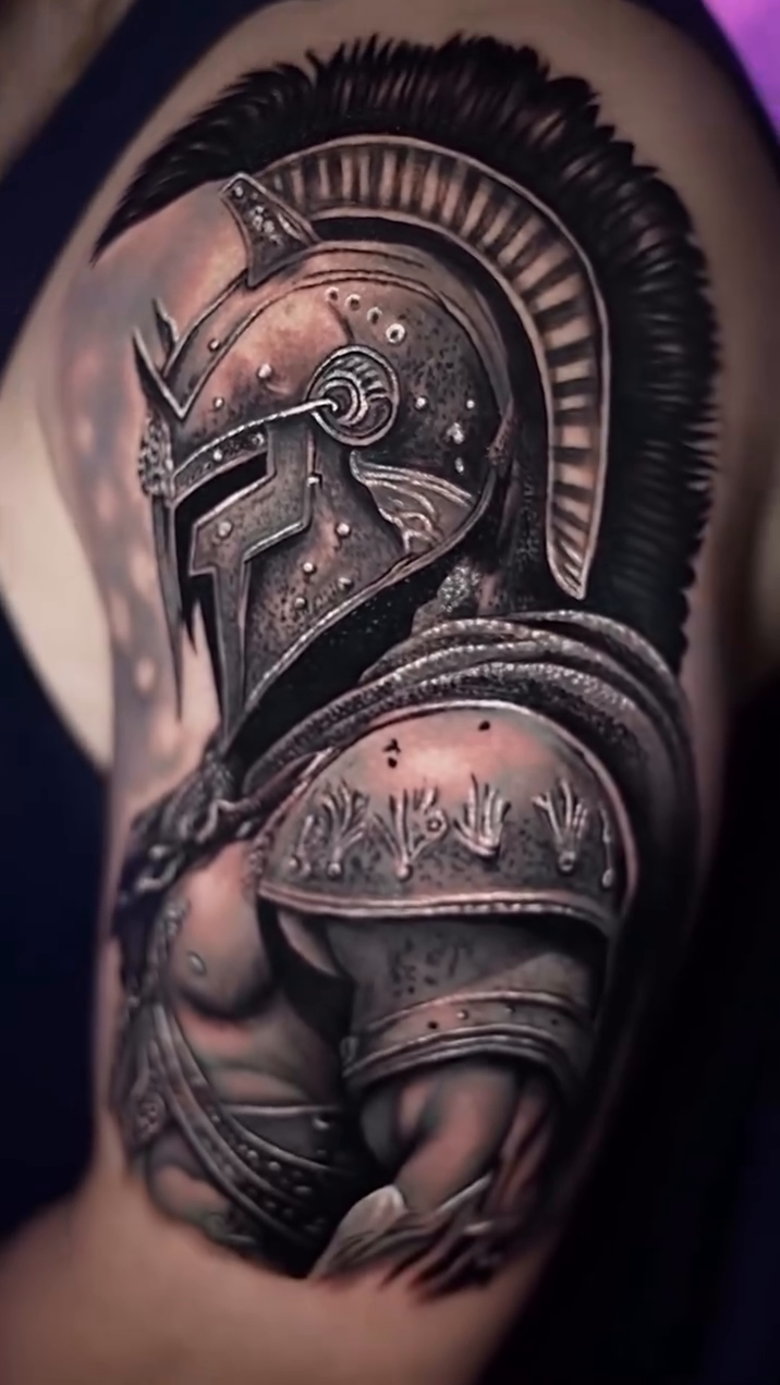 Spartan warrior helmet realism tattoo by Francis nieves, Miami, Florida