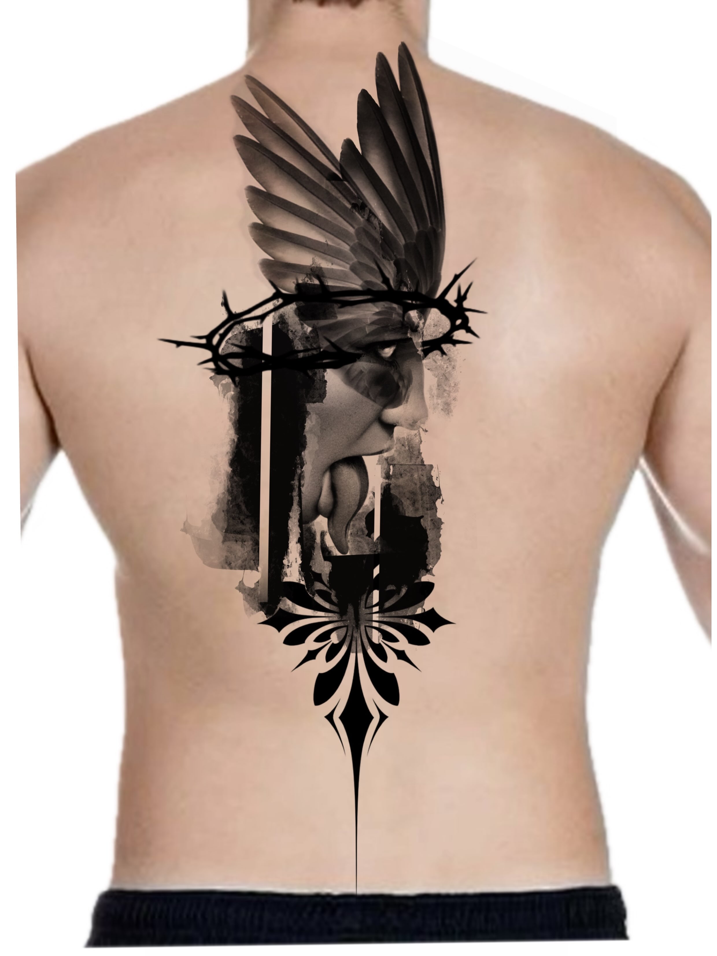 Religious figure realism tattoo on the back by Kevin Strong