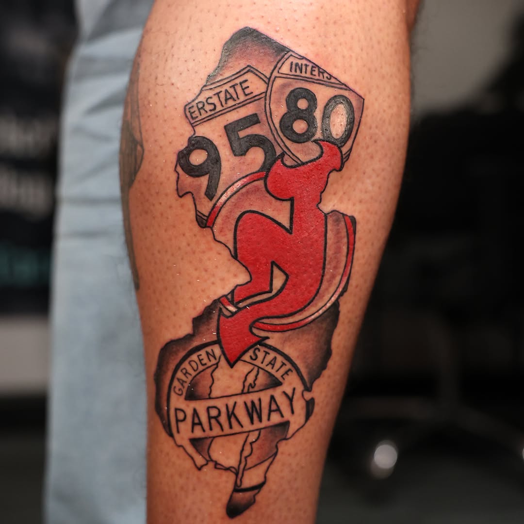 Road signs black and grey tattoo on the forearm by InkbyEase, Wayne, New Jersey