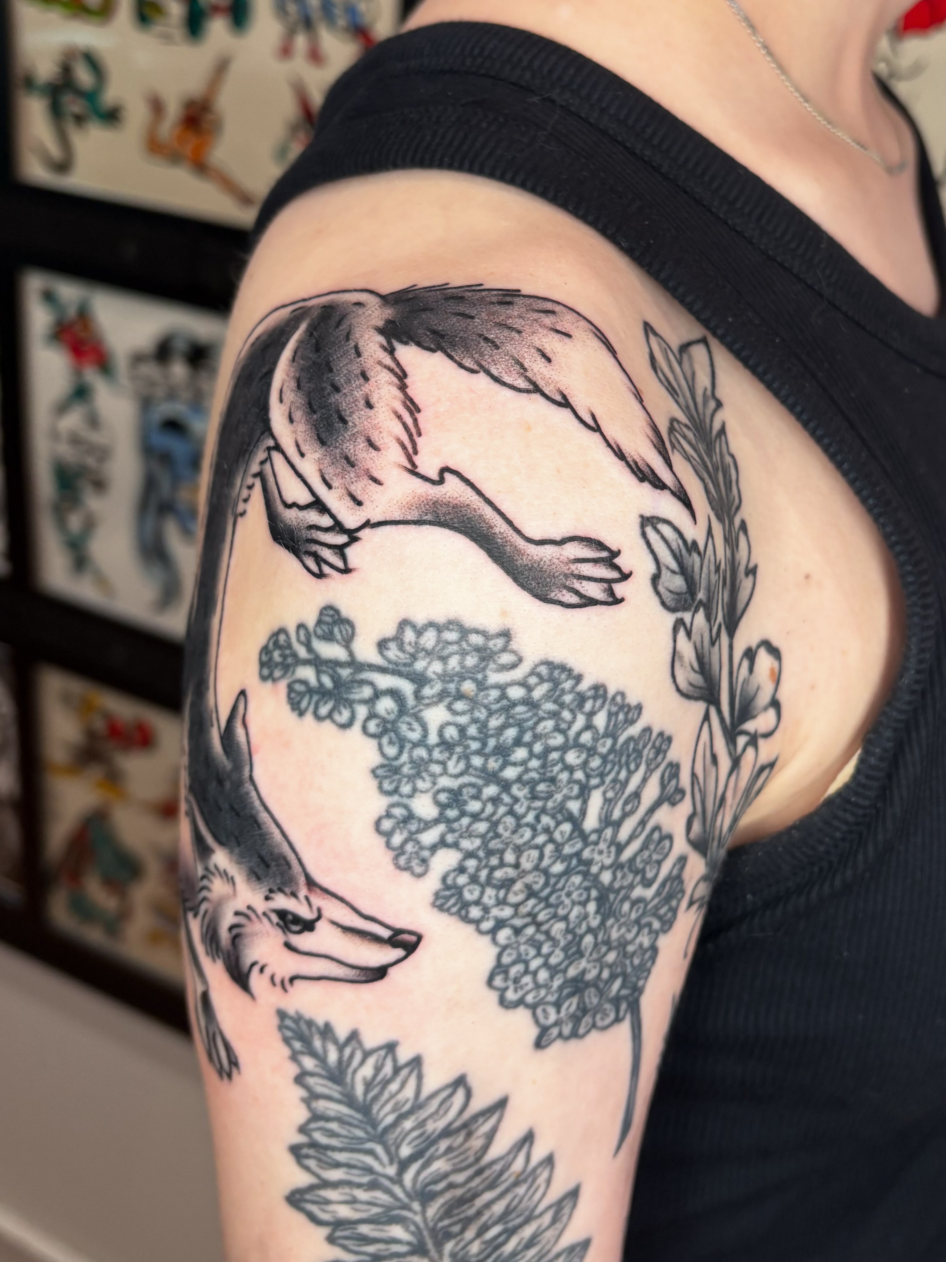 Fox and bird black and grey tattoo on the shoulder by Evan Bisso, Philadelphia, Pennsylvania