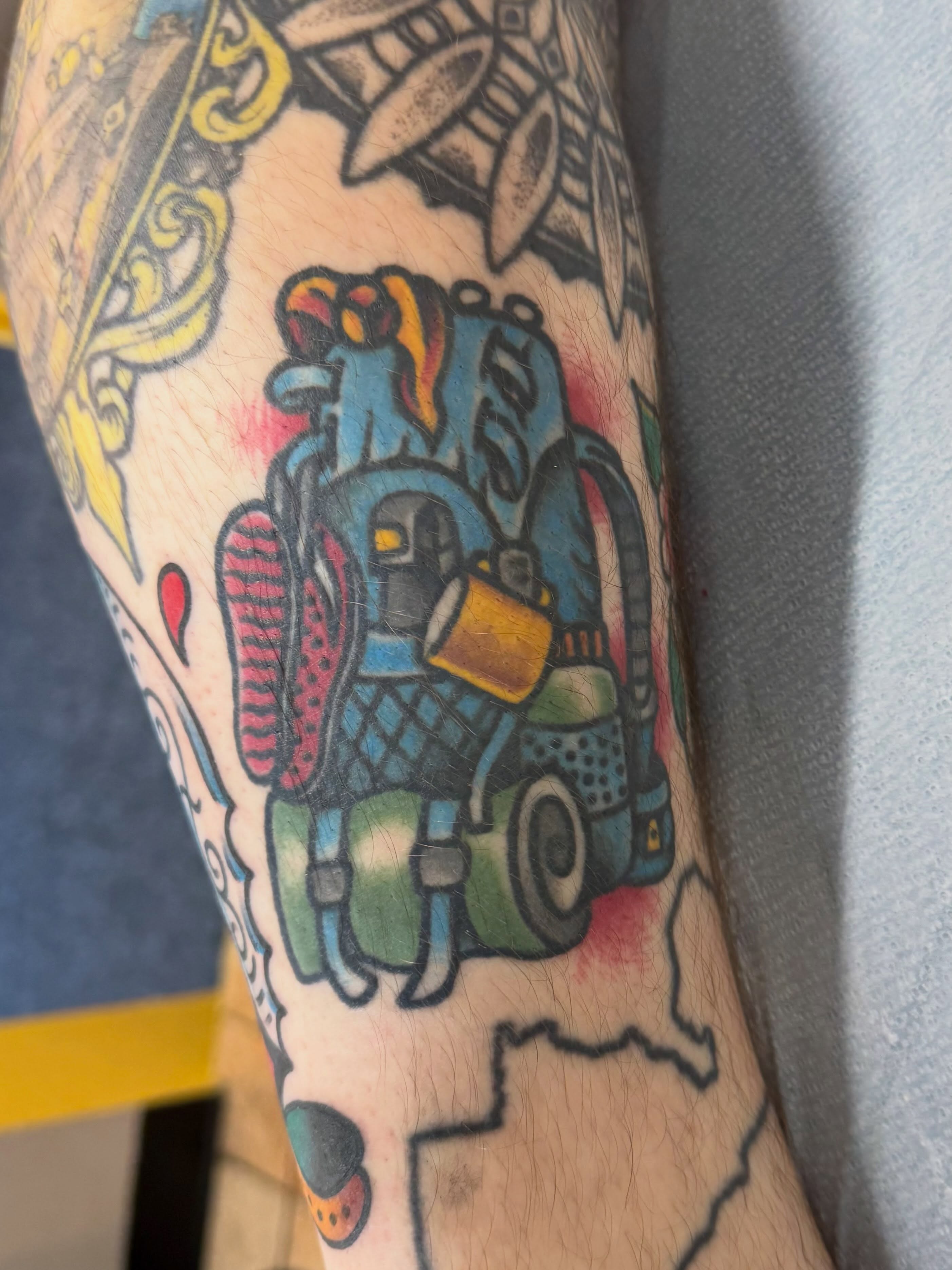 Backpack American traditional tattoo on the forearm by Matt Paw