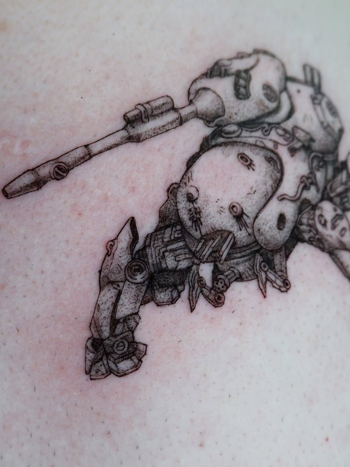 Mecha robot black and grey tattoo on the forearm by bird ✦ tattoo artist ✦ philadelphia