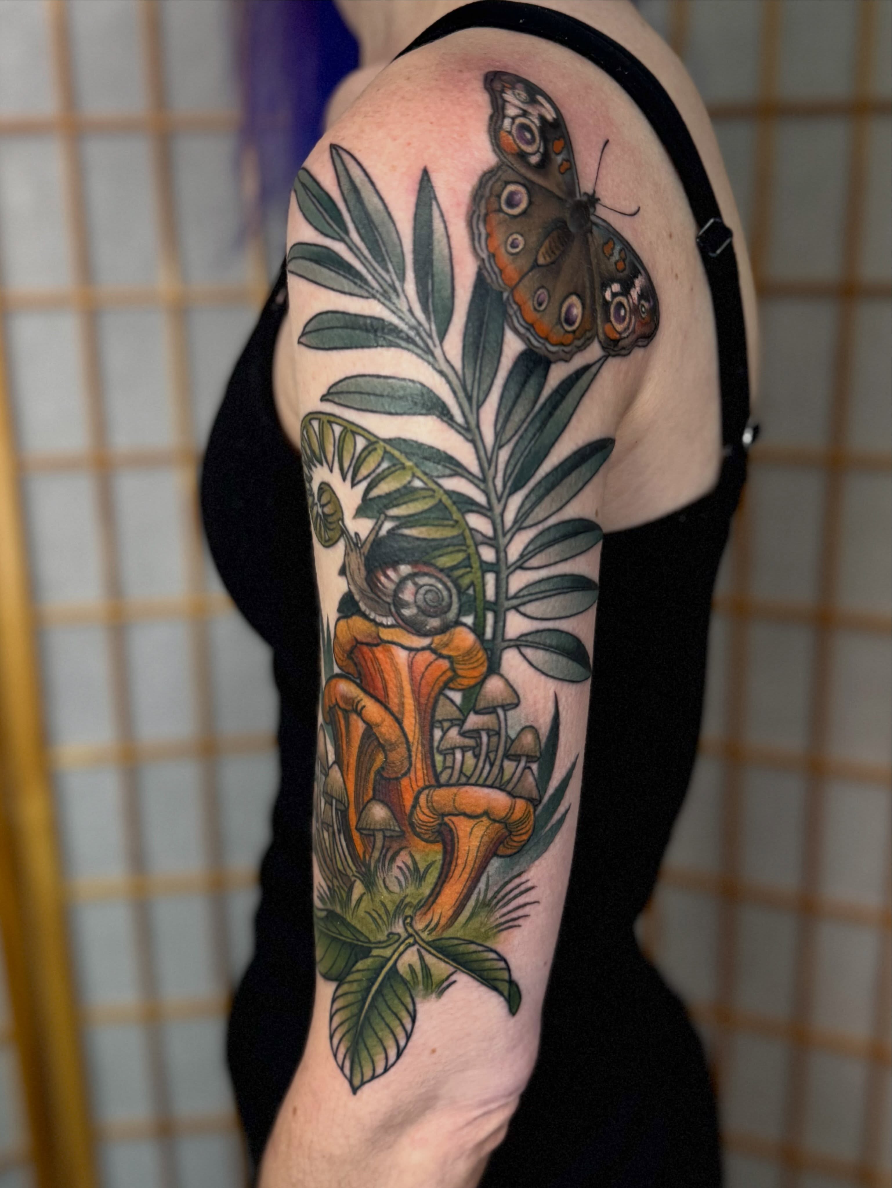 Butterfly and mushrooms realism tattoo on the forearm by ⚔️ 𝕬𝖓𝖞𝖆 𝖁𝖎𝖈𝖙𝖔𝖗𝖎𝖆 ⚔️, Fairfax, Virginia