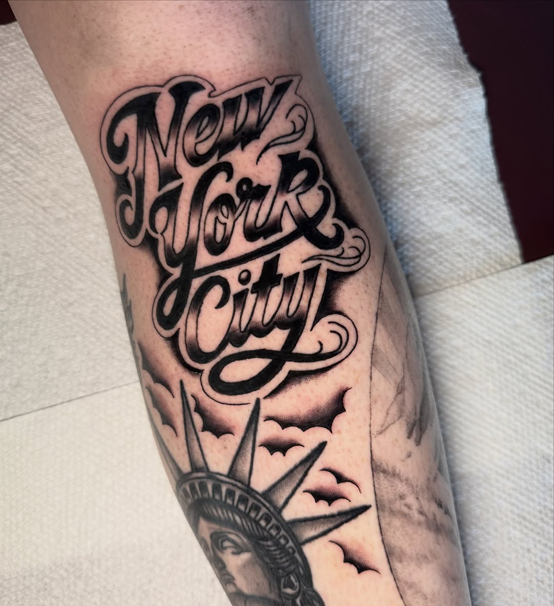 New York City lettering Chicano tattoo on the forearm by @michaelryan_tattoo