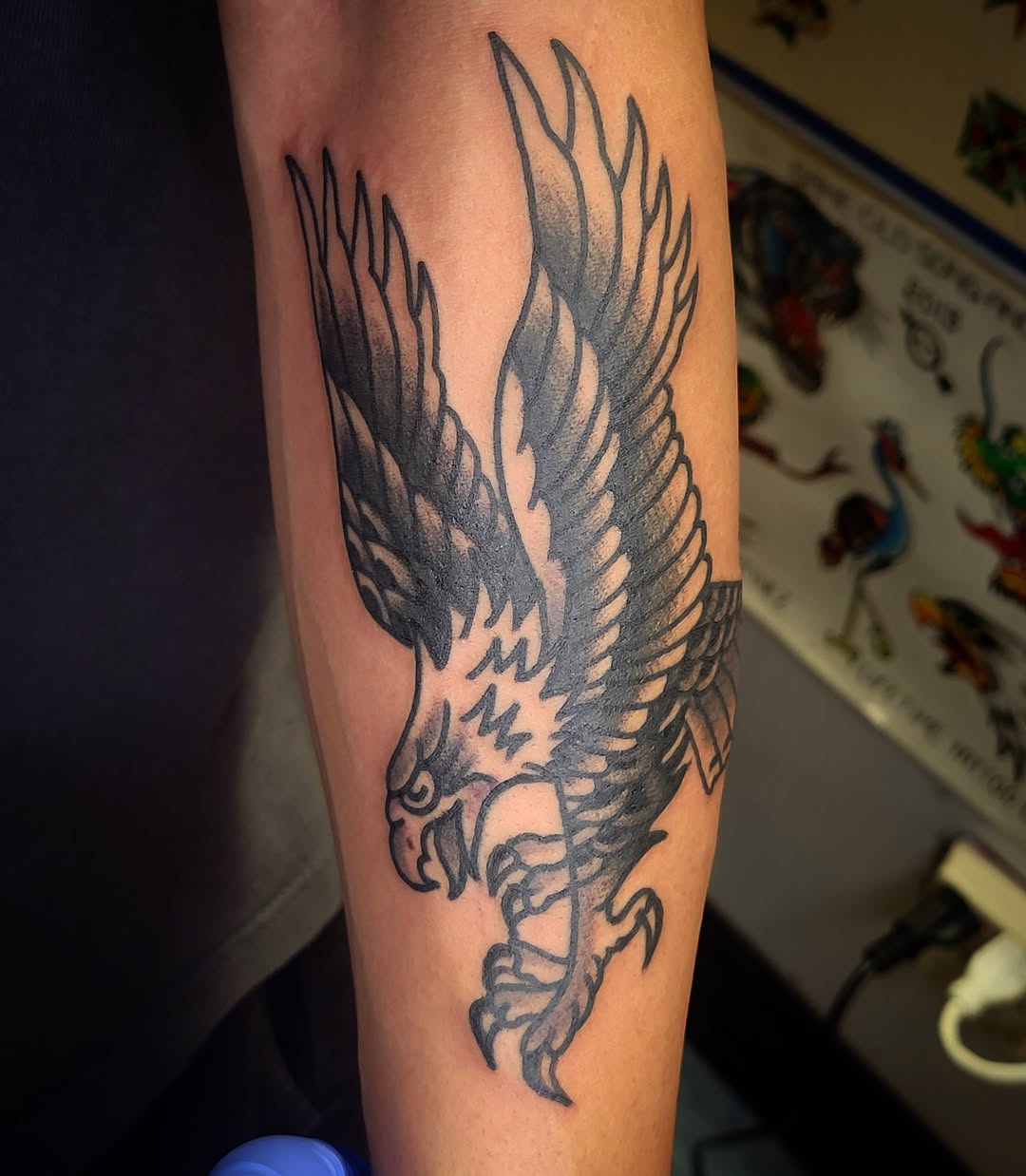 Eagle American traditional tattoo on the forearm by joe martinez, Denver, Colorado