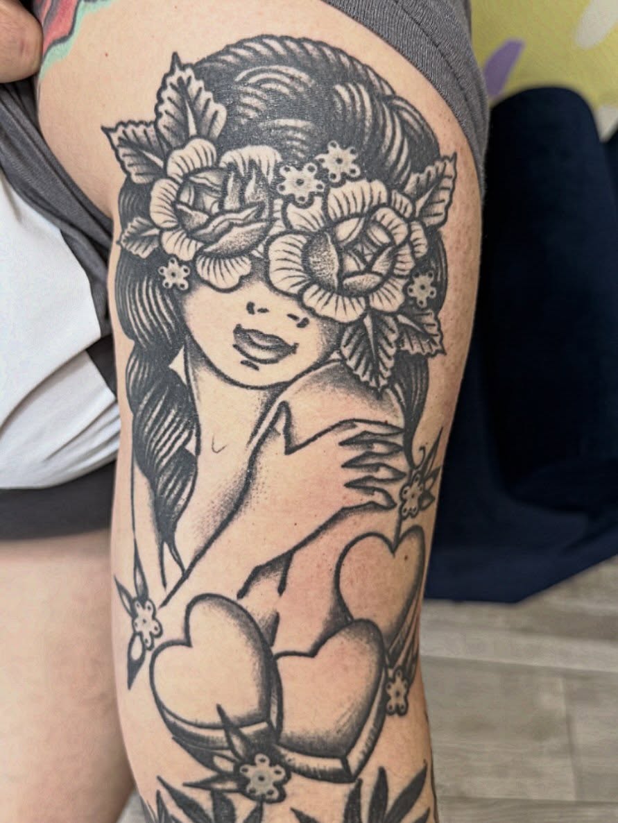 Flower crown woman American traditional tattoo on the forearm by Tanya Gomez