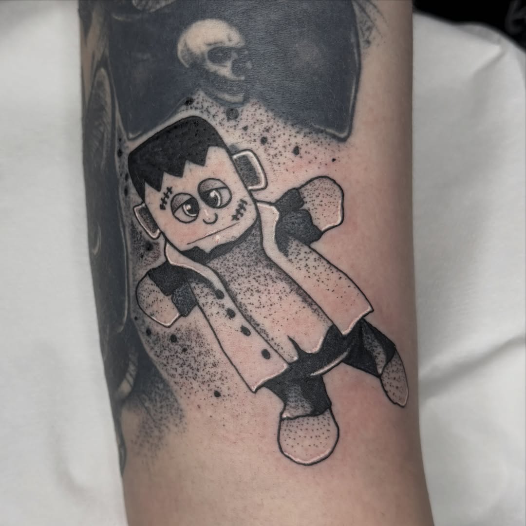 Frankenstein dotwork tattoo on the forearm by Aiden Shaw
