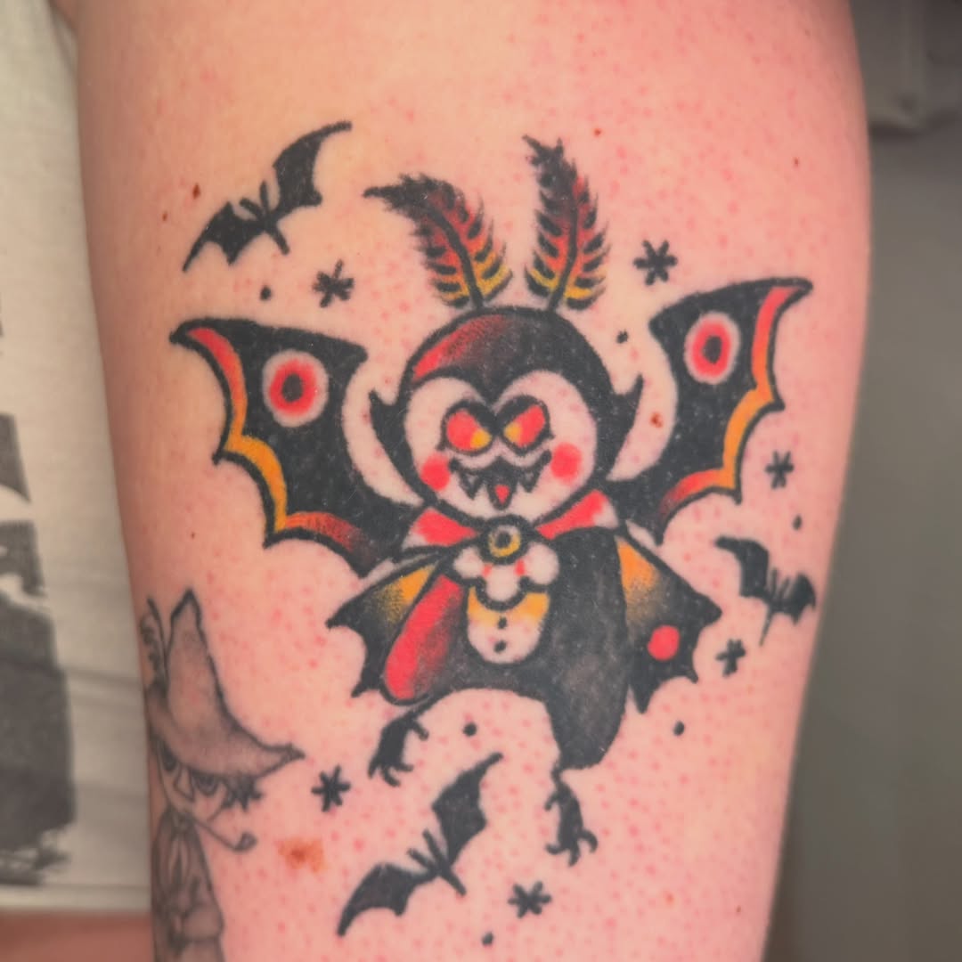 Bat vampire American traditional tattoo on the forearm by Gus Roach Graves