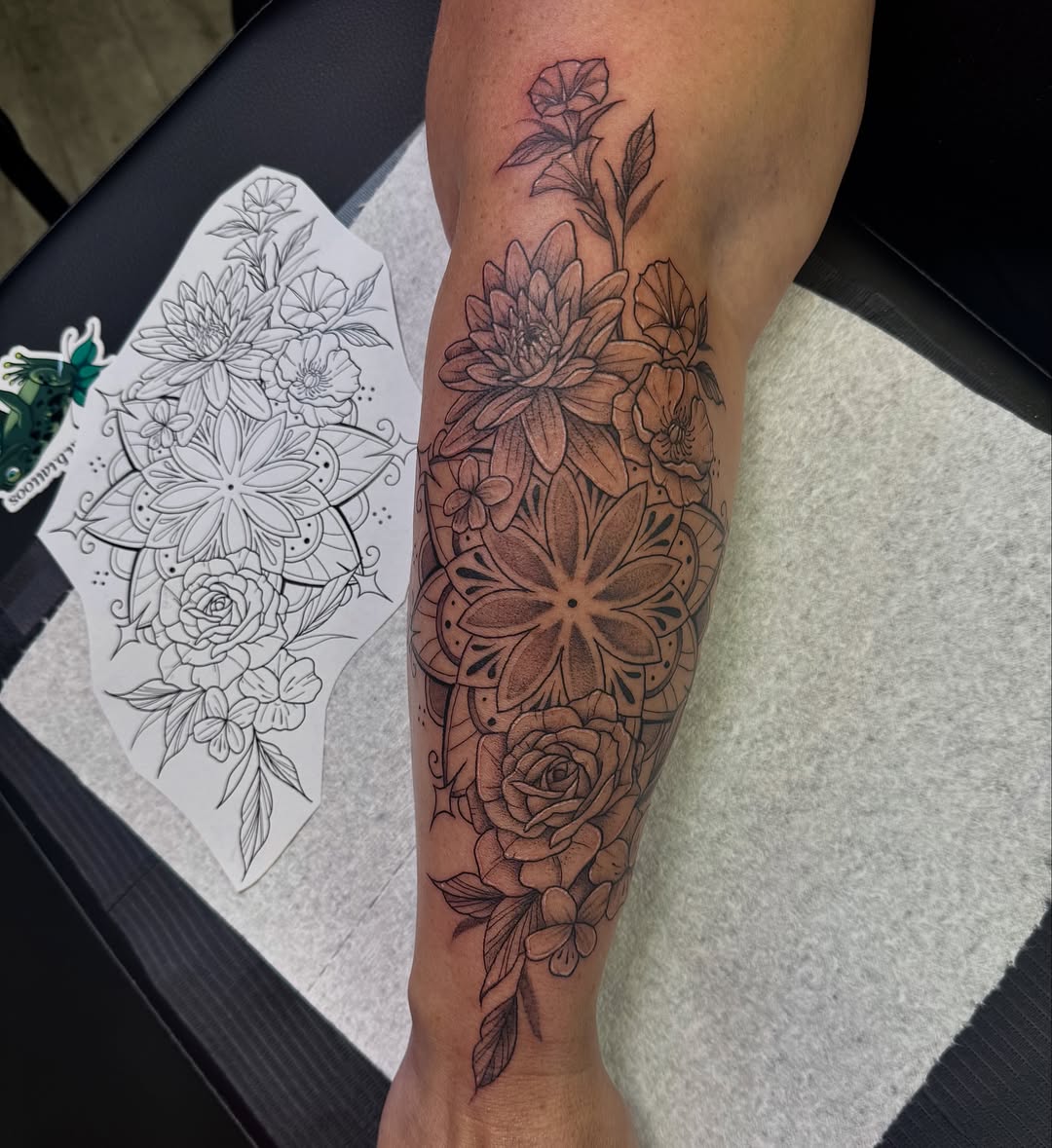 Floral bouquet black and grey tattoo on the forearm by Kat Bennett