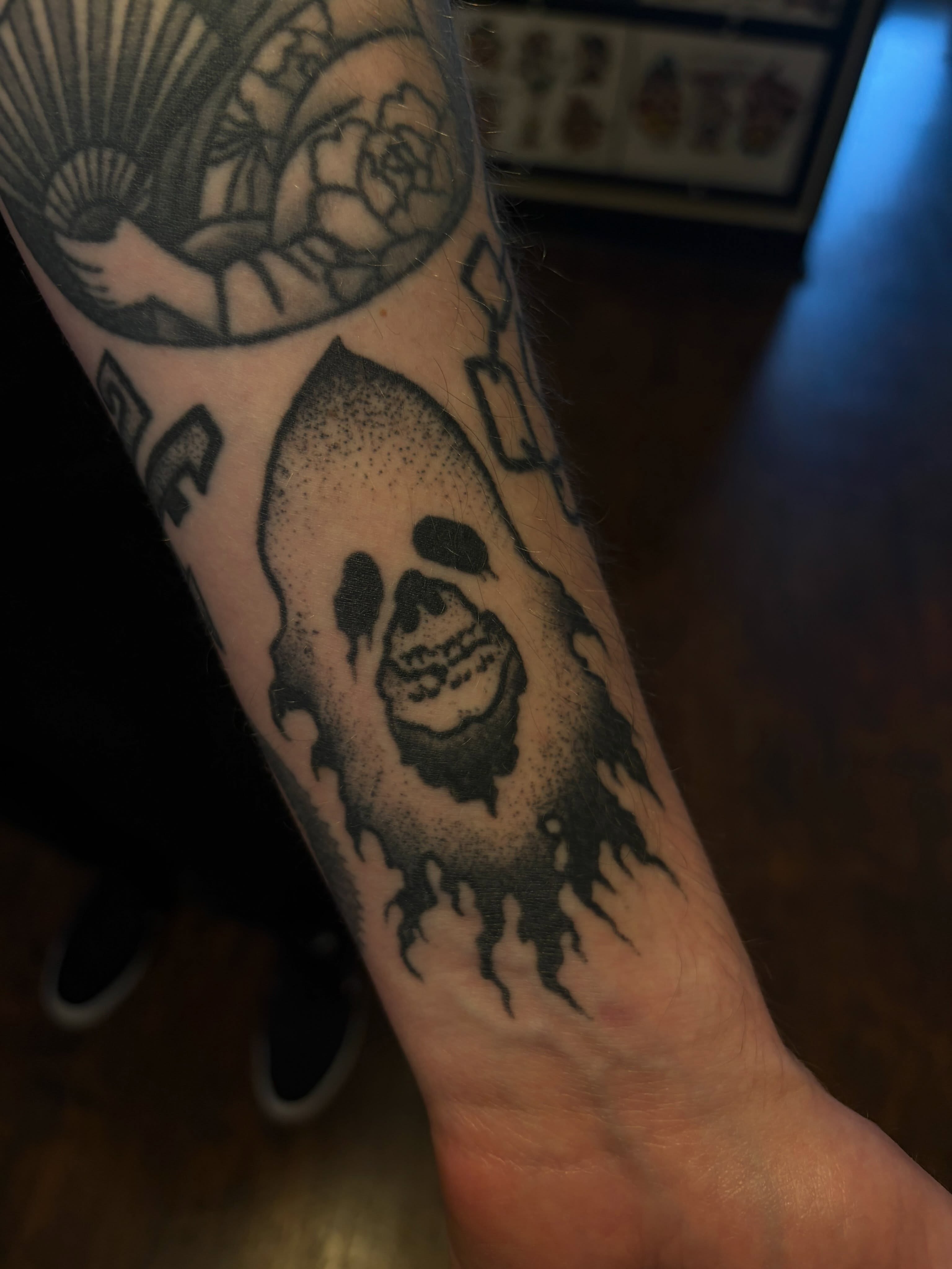 Skull dotwork tattoo on the forearm by ✙ 𝐉𝐃 𝐒𝐩𝐫𝐨𝐮𝐥 ✙, Austin, Texas