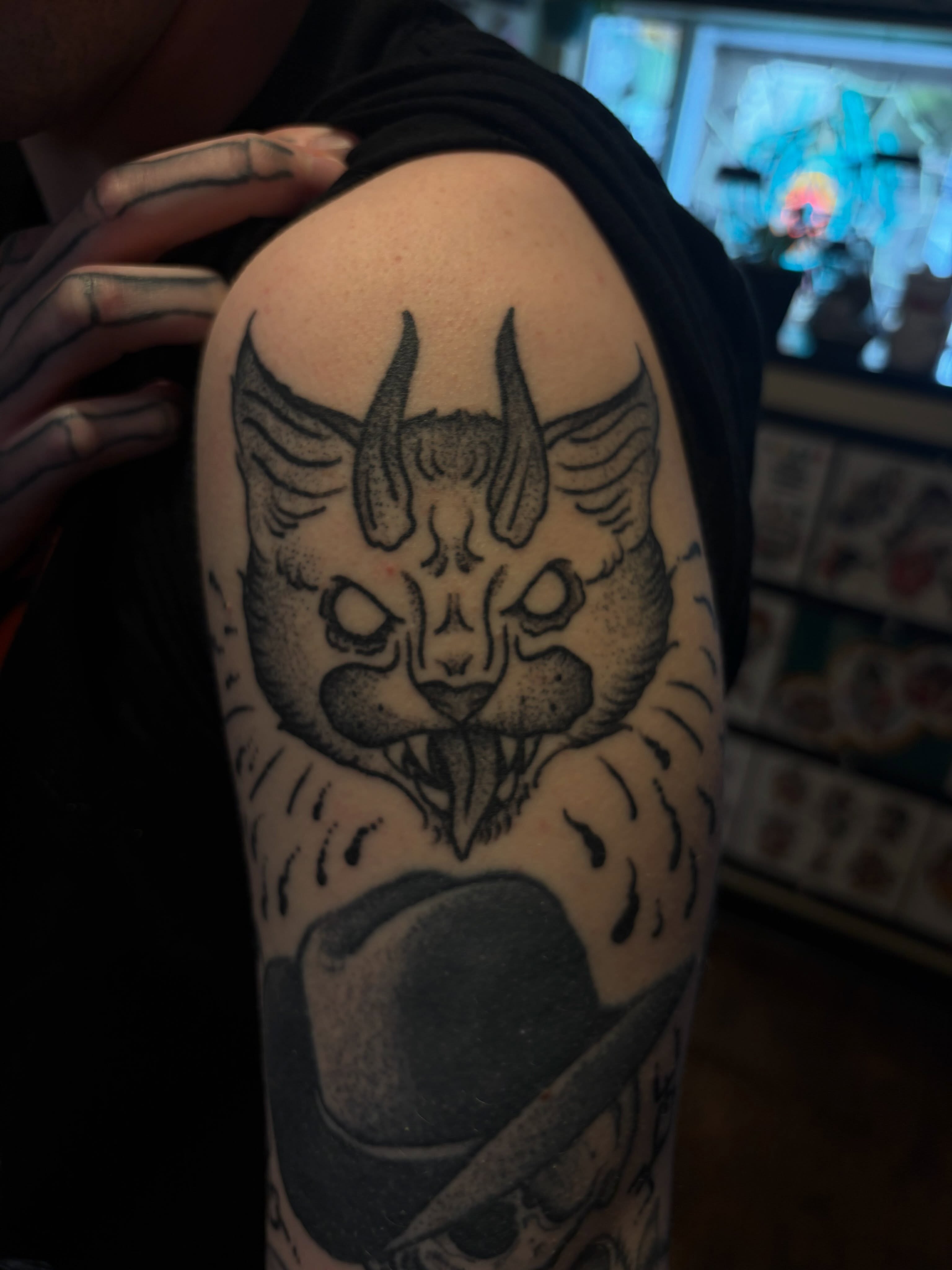 Demon cat dotwork tattoo on the shoulder by ✙ 𝐉𝐃 𝐒𝐩𝐫𝐨𝐮𝐥 ✙, Austin, Texas