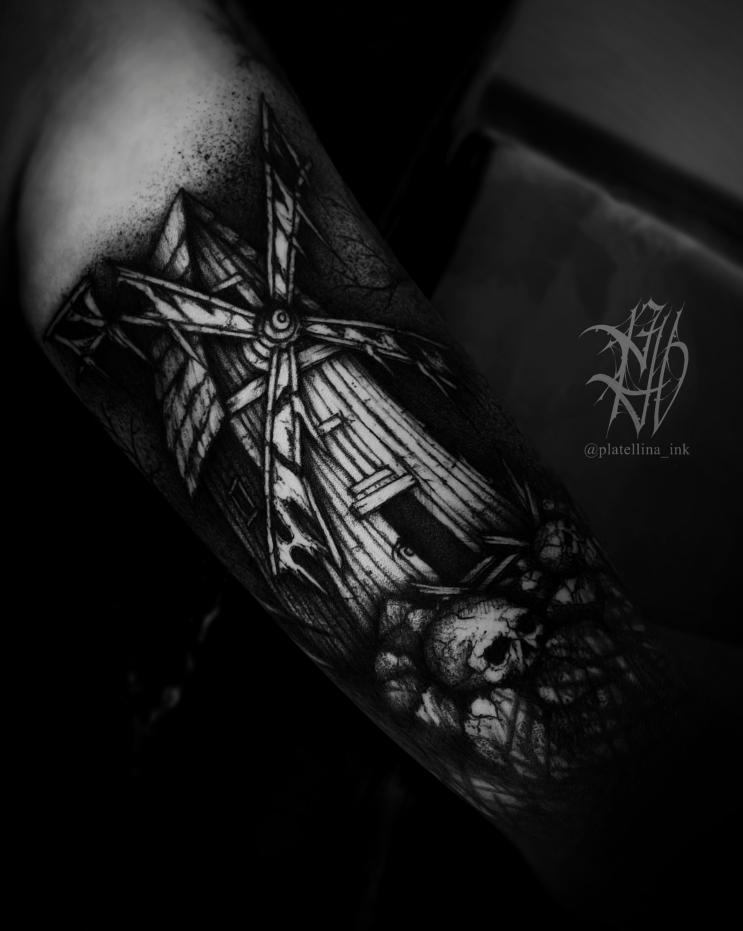 Cross and skull dark realism tattoo on the forearm by Dark Gothic Tattoo
