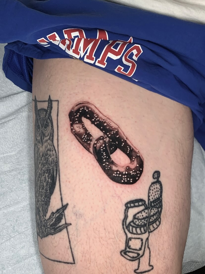 Pretzel dotwork tattoo on the thigh by james padelt