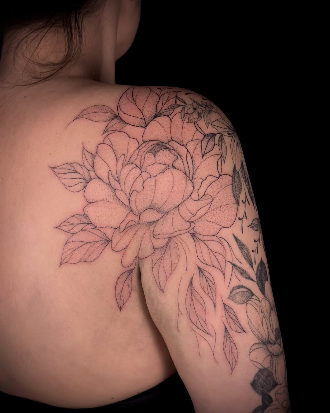 Peony black and grey tattoo on the shoulder by ollie b ⋆⟡⋆, Dayton, Ohio