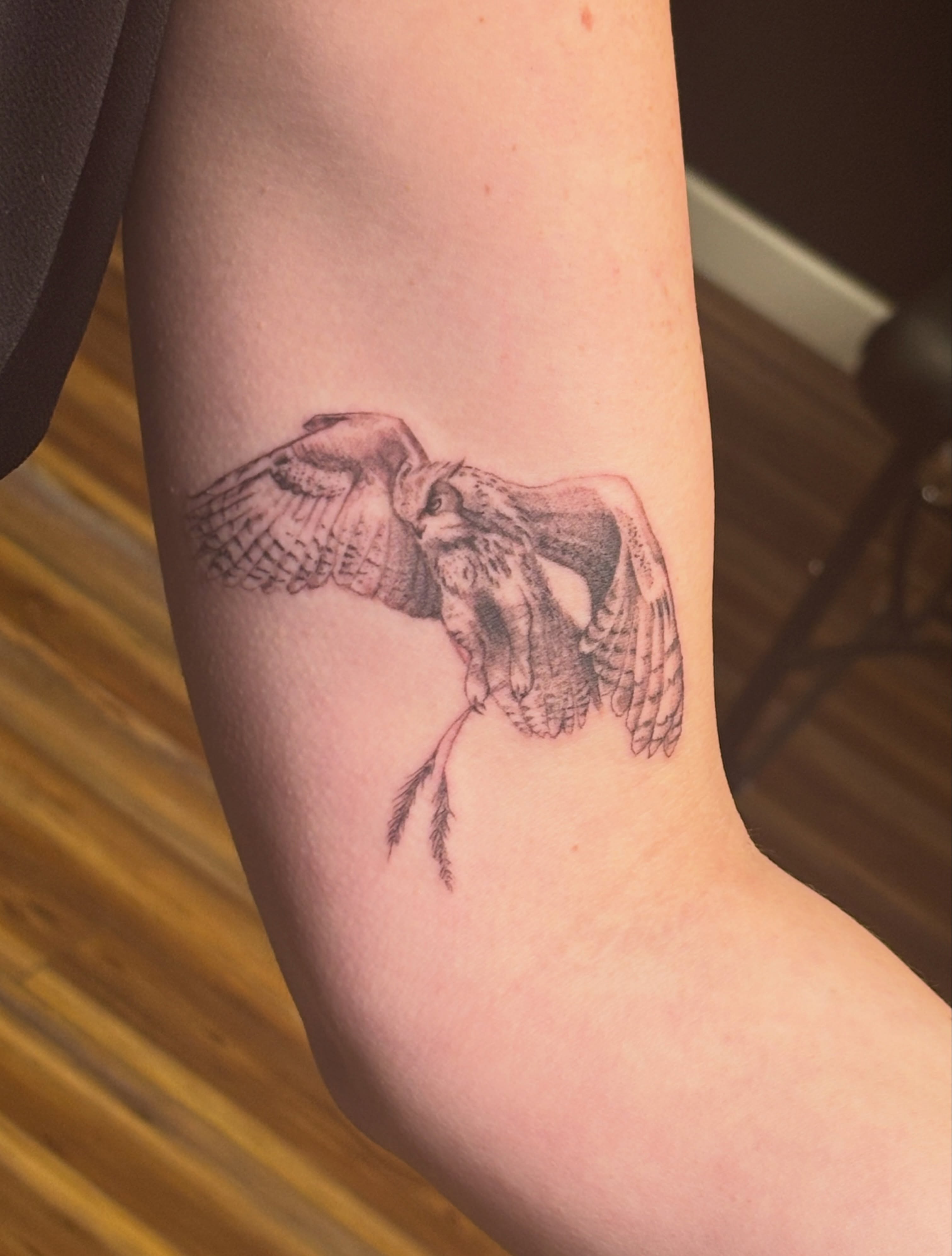 Owl realism tattoo on the forearm by MJ Saunders