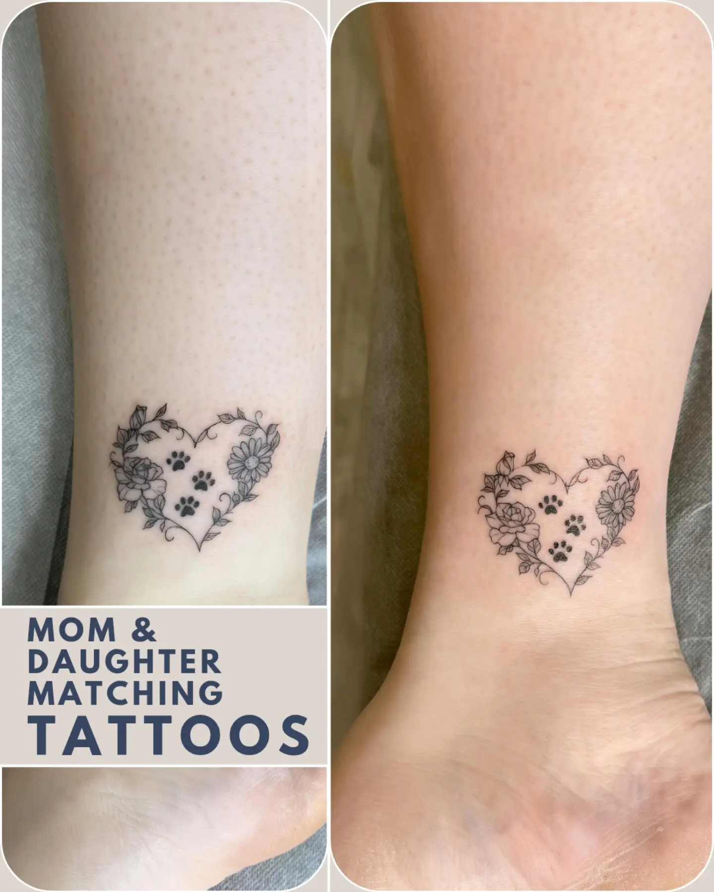 Heart with floral and paw prints black and grey tattoo on the foot by Floral Fineline Tattoo