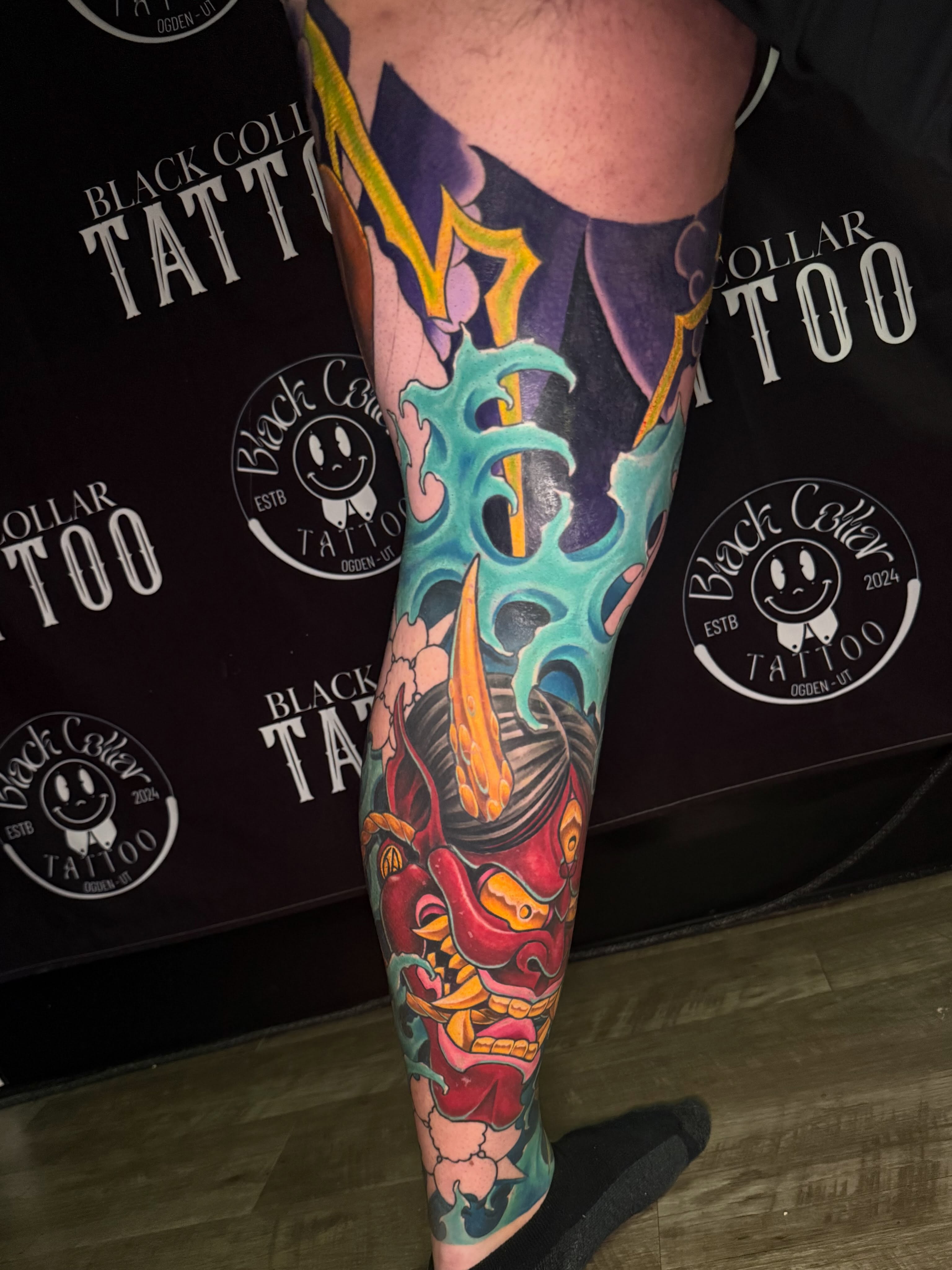 Demon head with flames American traditional tattoo on the forearm by InkFloyd Roith