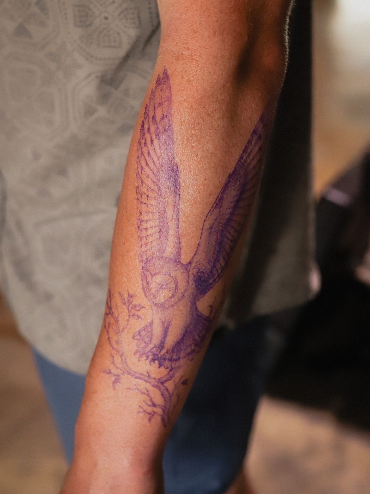 Owl neo-traditional tattoo on the forearm by Caroline + Utah Tattoo Artist