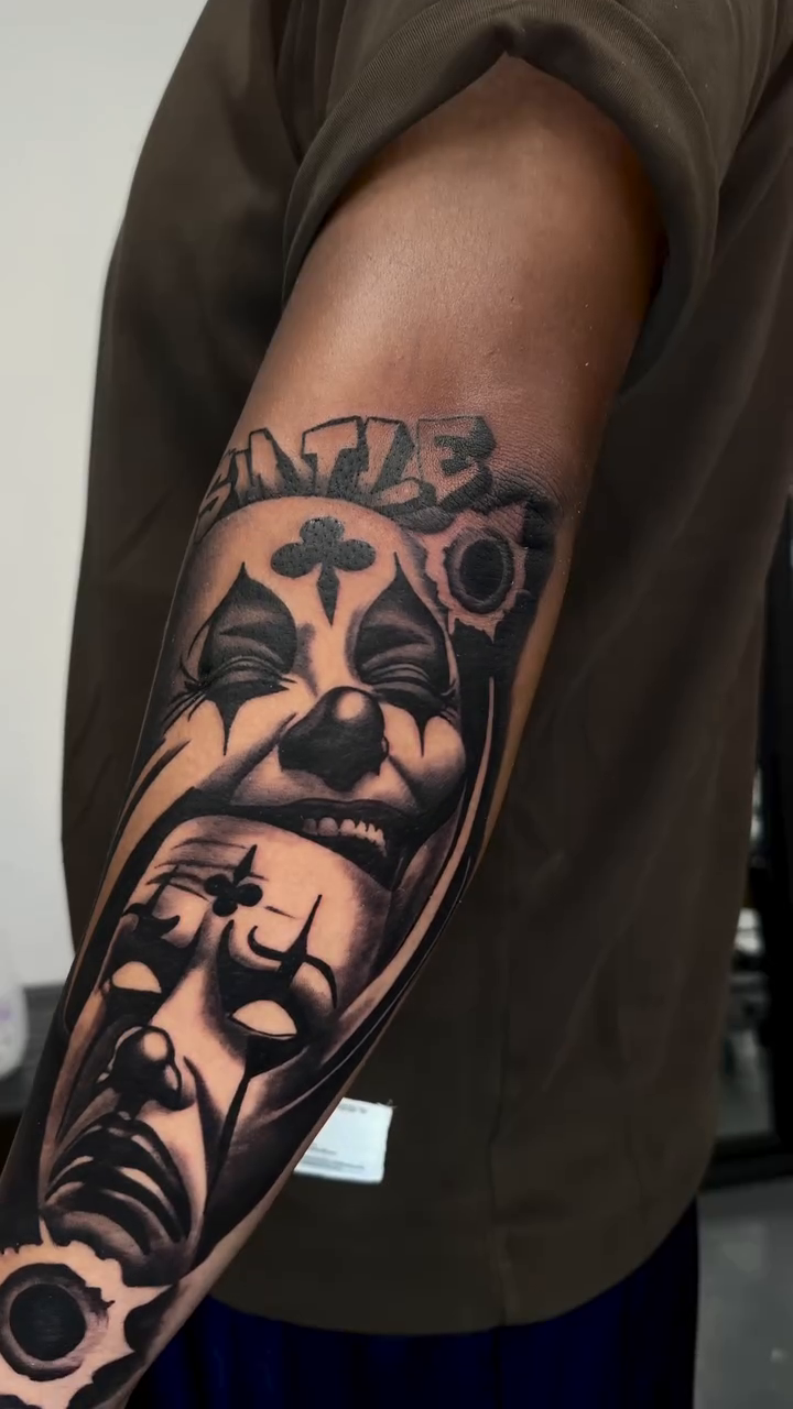 Clown masks realism tattoo by caleb coley