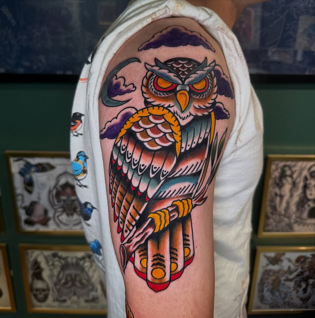 Owl American traditional tattoo on the forearm by Ryan Moraski, Colorado Springs, Colorado