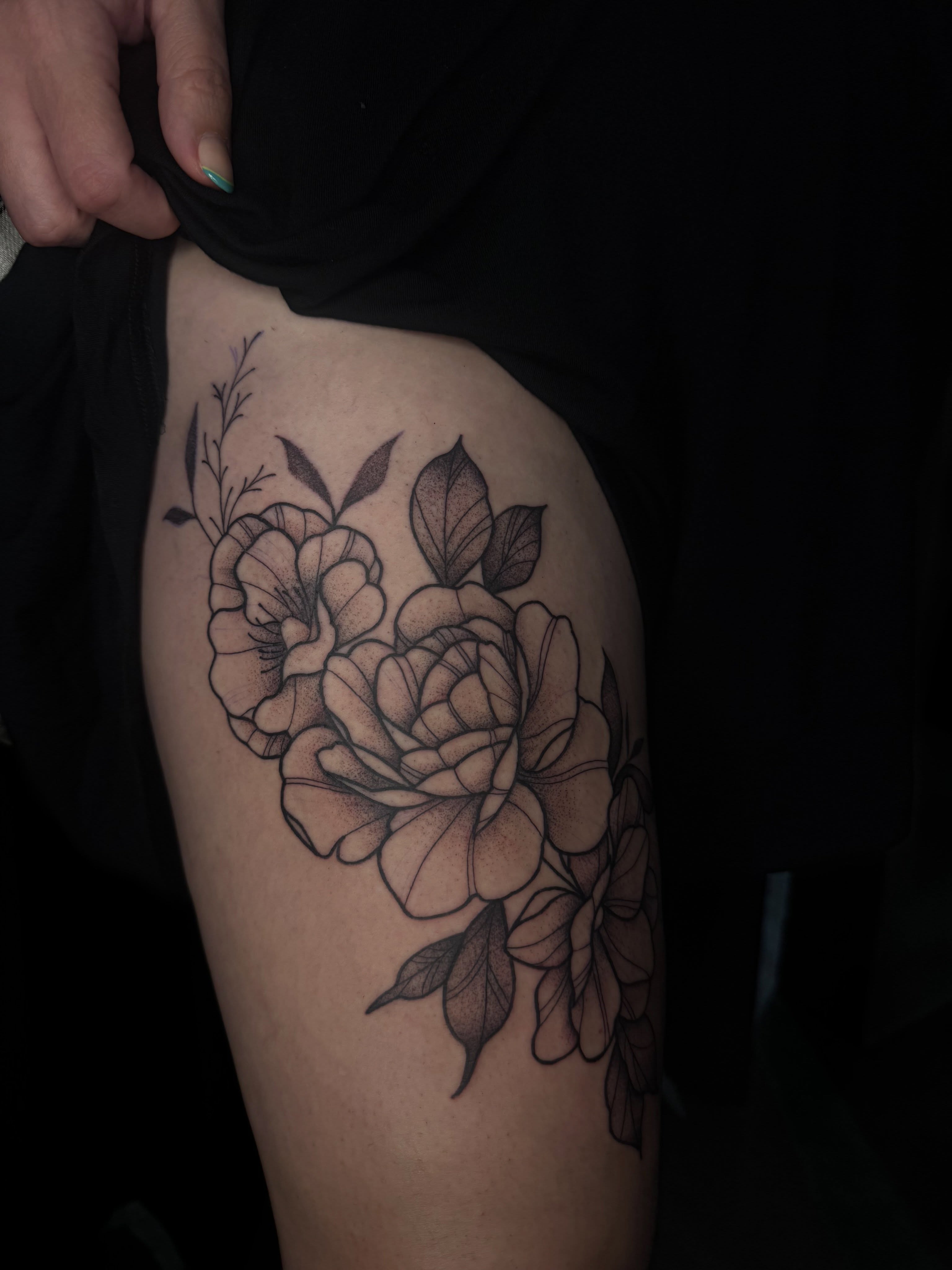 Floral bouquet dotwork tattoo on the thigh by ✧˖°. Jordan