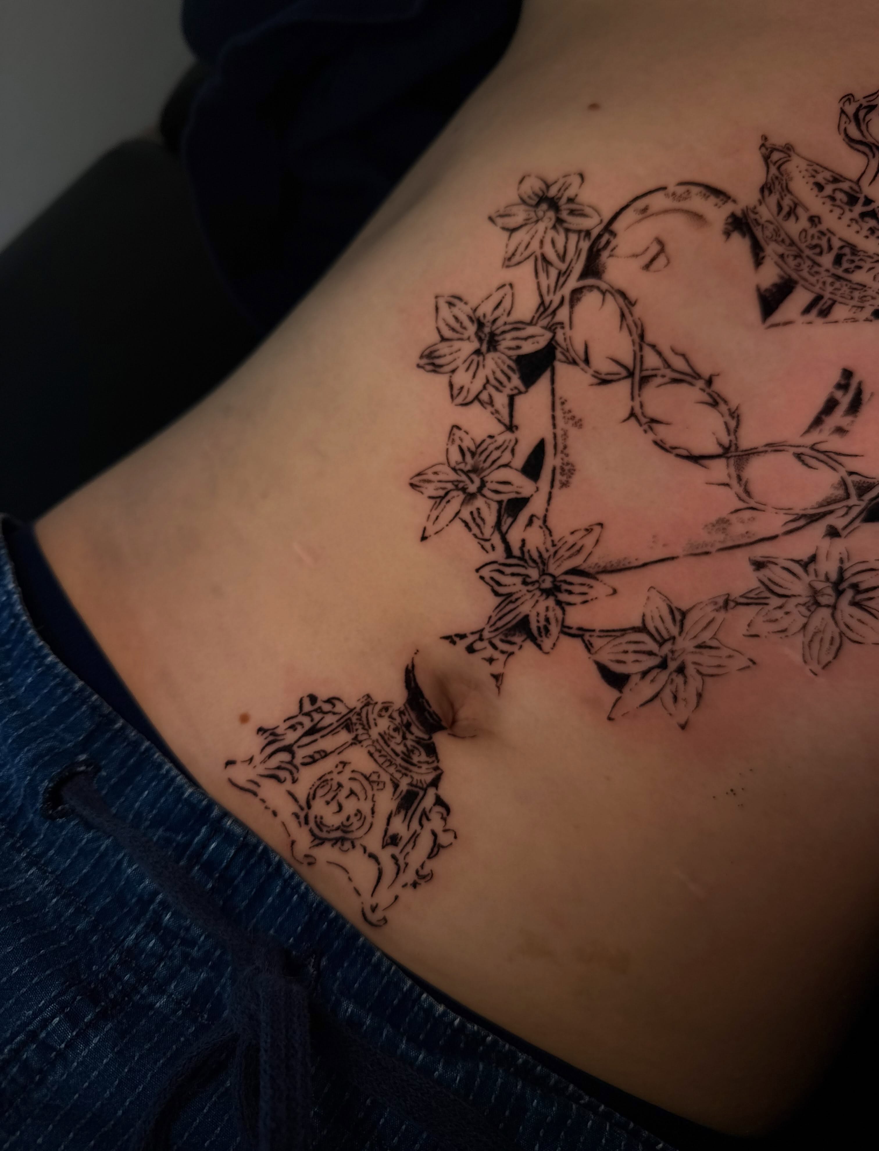 Flower crown black and grey tattoo on the ribs by elisa!  ✶ illustrative blackwork tattoo