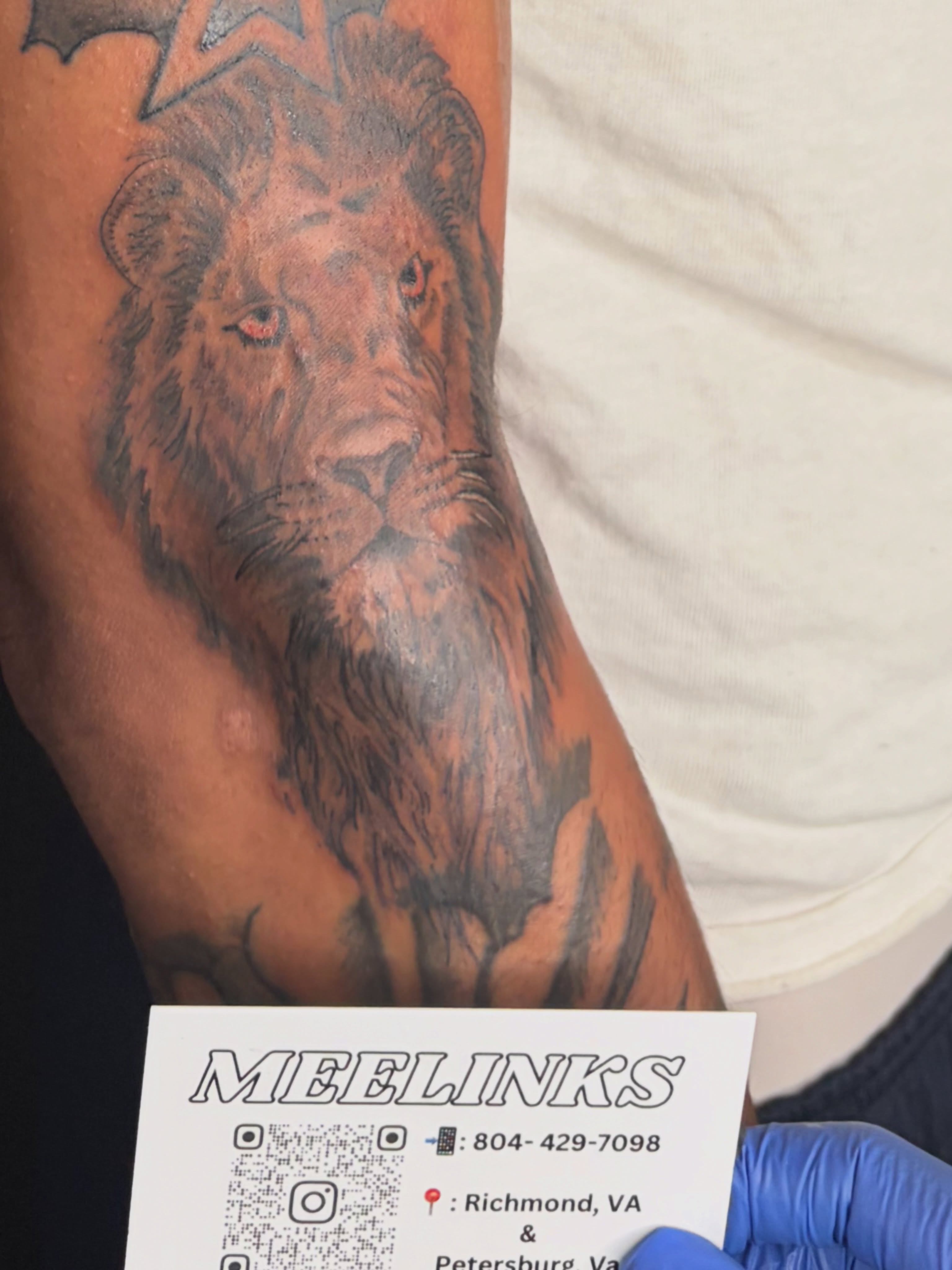 Lion realism tattoo on the forearm by Meela Inks ๐, Richmond, Virginia