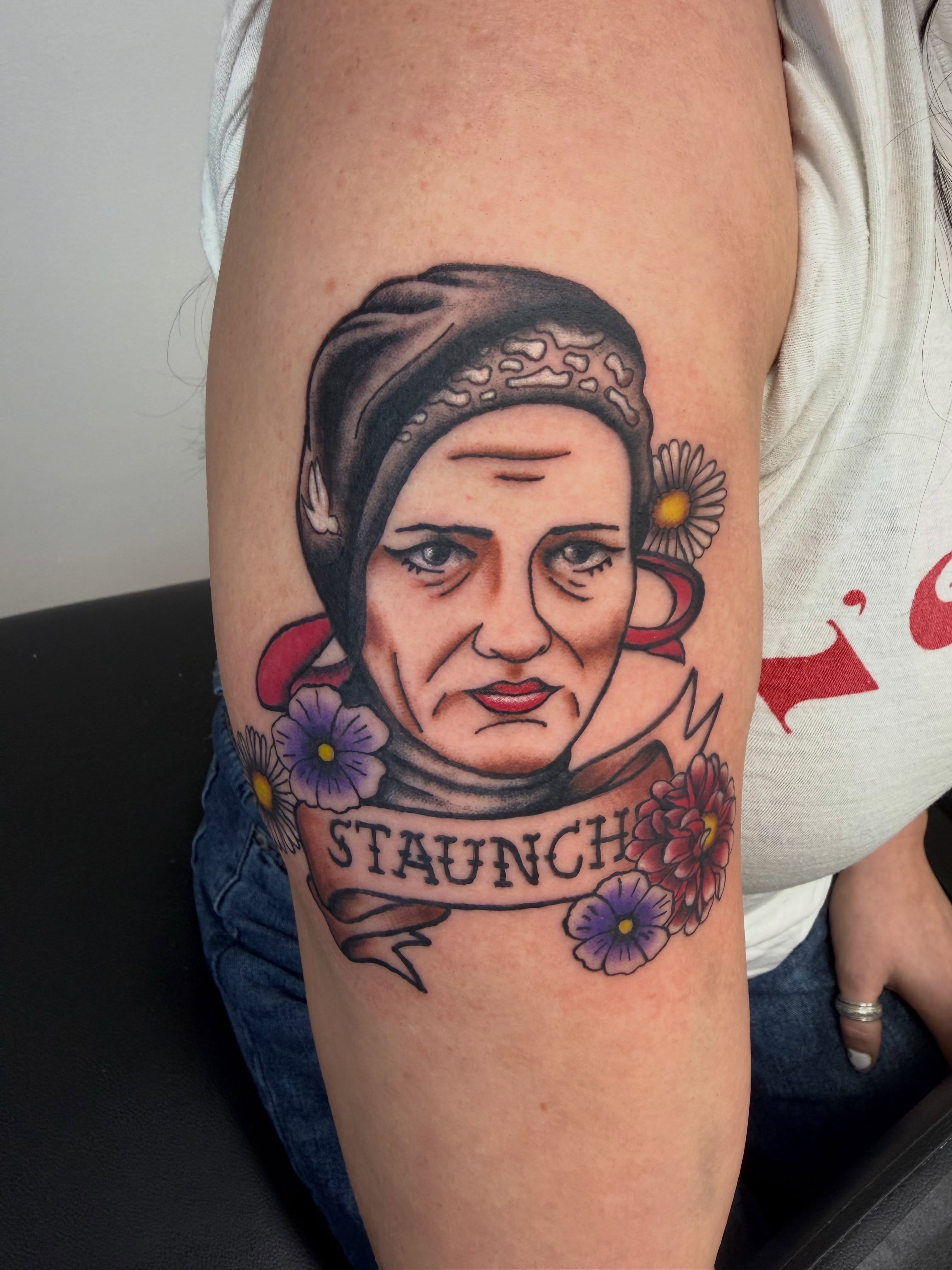 Portrait of a woman American traditional tattoo on the forearm by Laura🦋