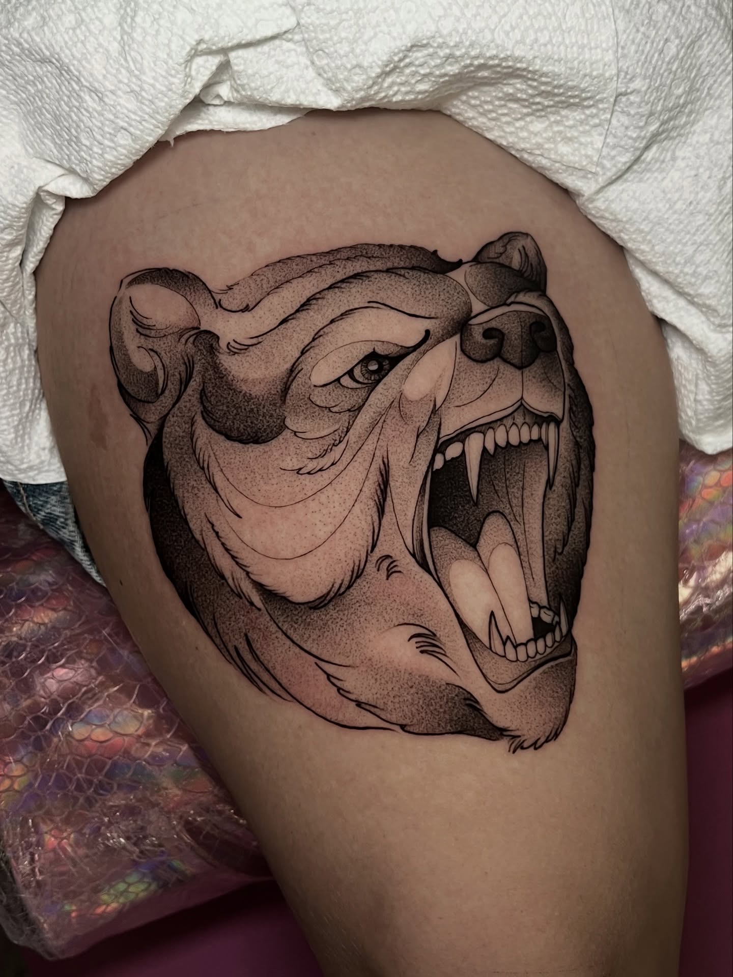 Bulldog dotwork tattoo on the thigh by Tehnaya