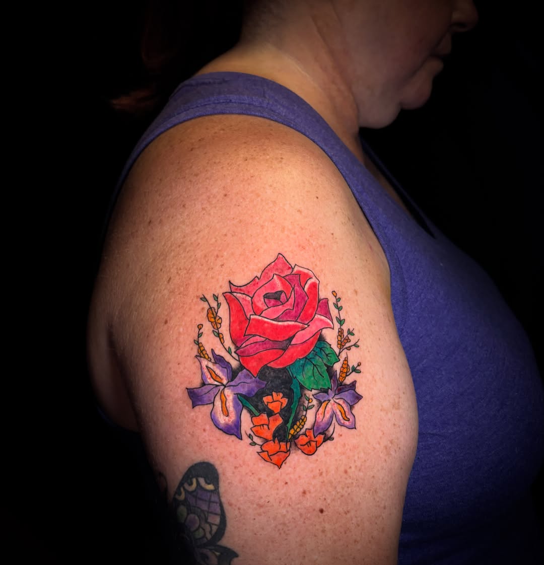 Red rose with flowers new school tattoo on the shoulder by ๐ฎ๐๐๐๐๐๐ ๐ฝ๐๐ โ