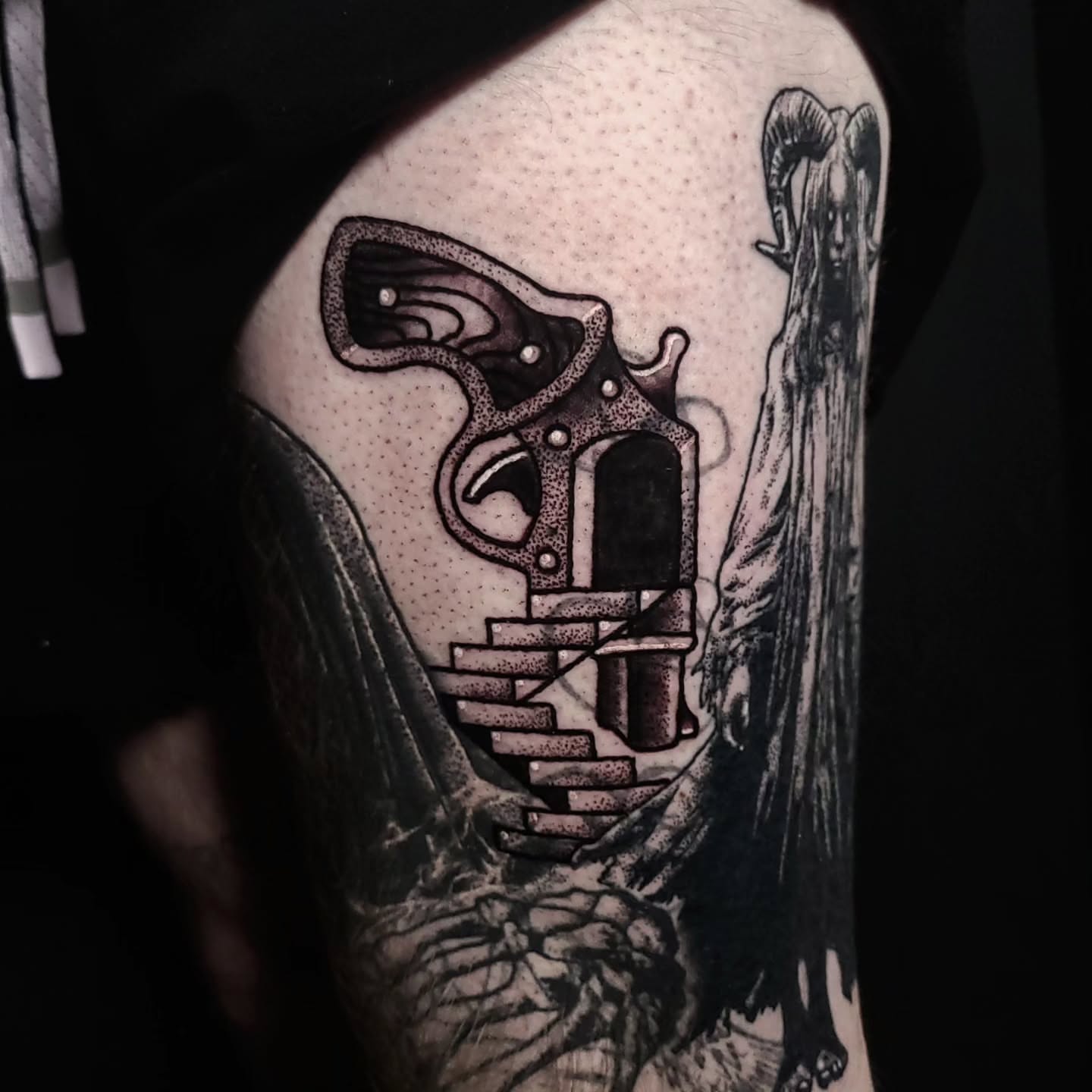 Tattoo by @alexanderstairstattoos — dotwork, black_and_grey