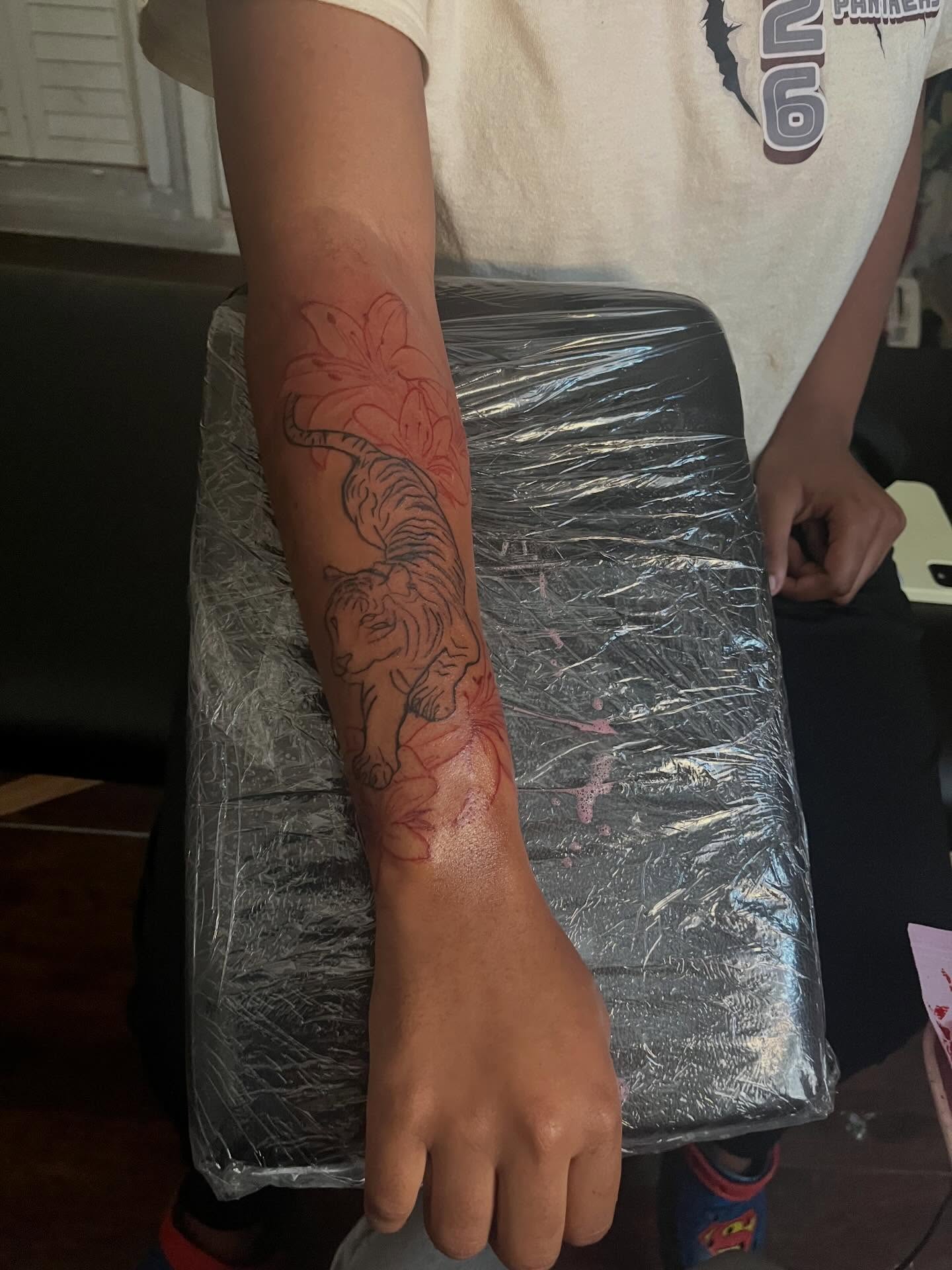 Tiger and flowers japanese irezumi tattoo on the forearm by π Westside