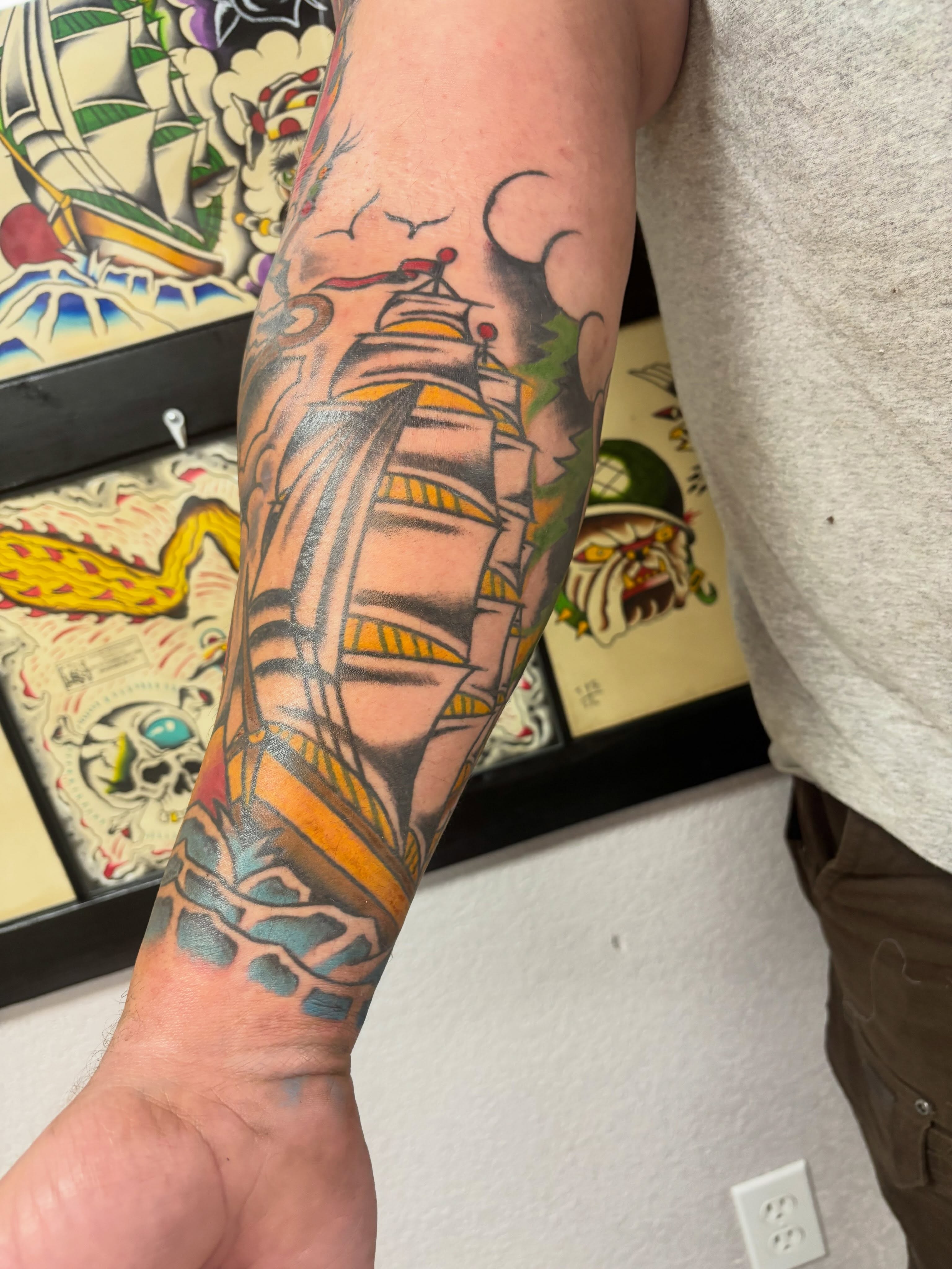 Ship American traditional tattoo on the forearm by Bold Will Hold ๐ค