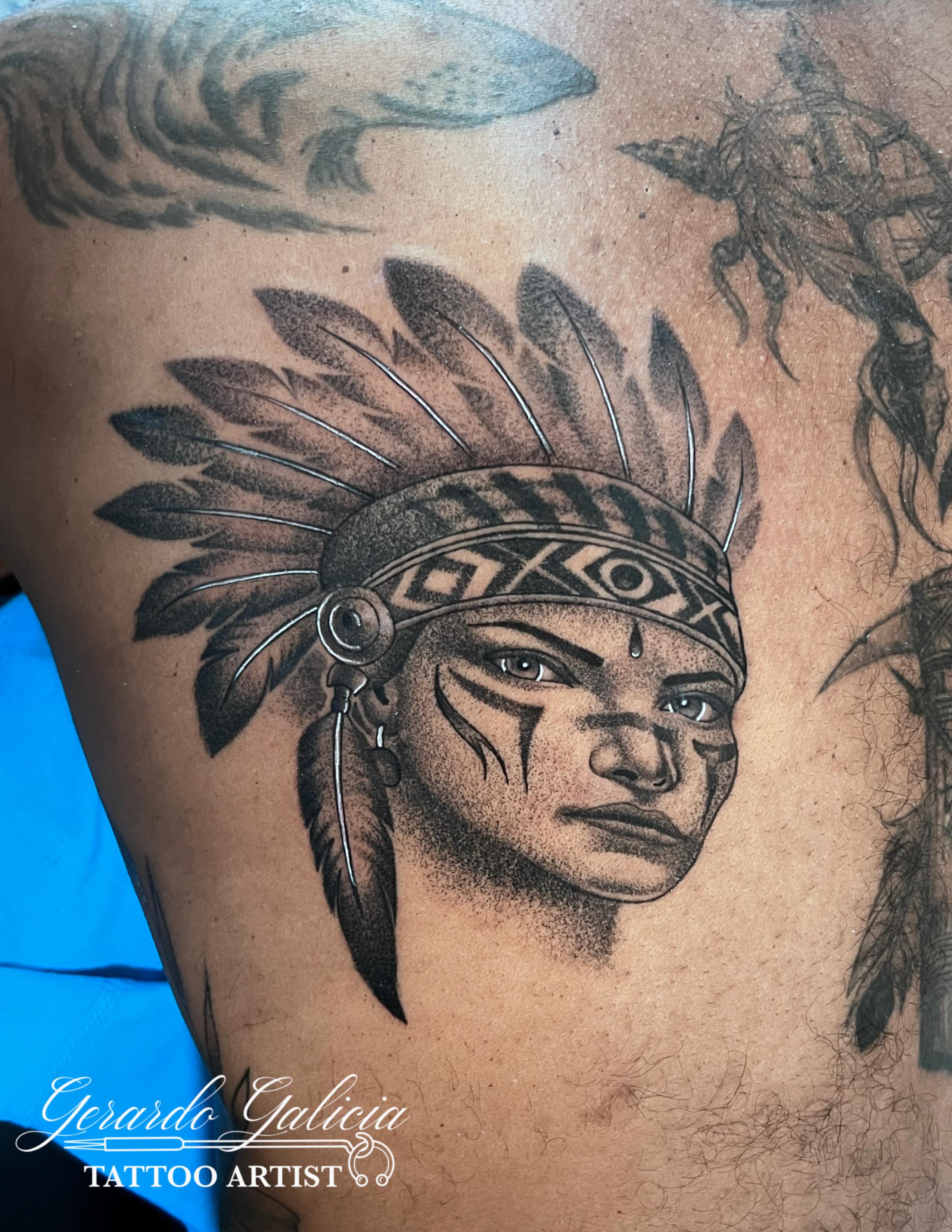 Native American woman portrait tattoo on the thigh by Gerardo Galicia, New York, New York