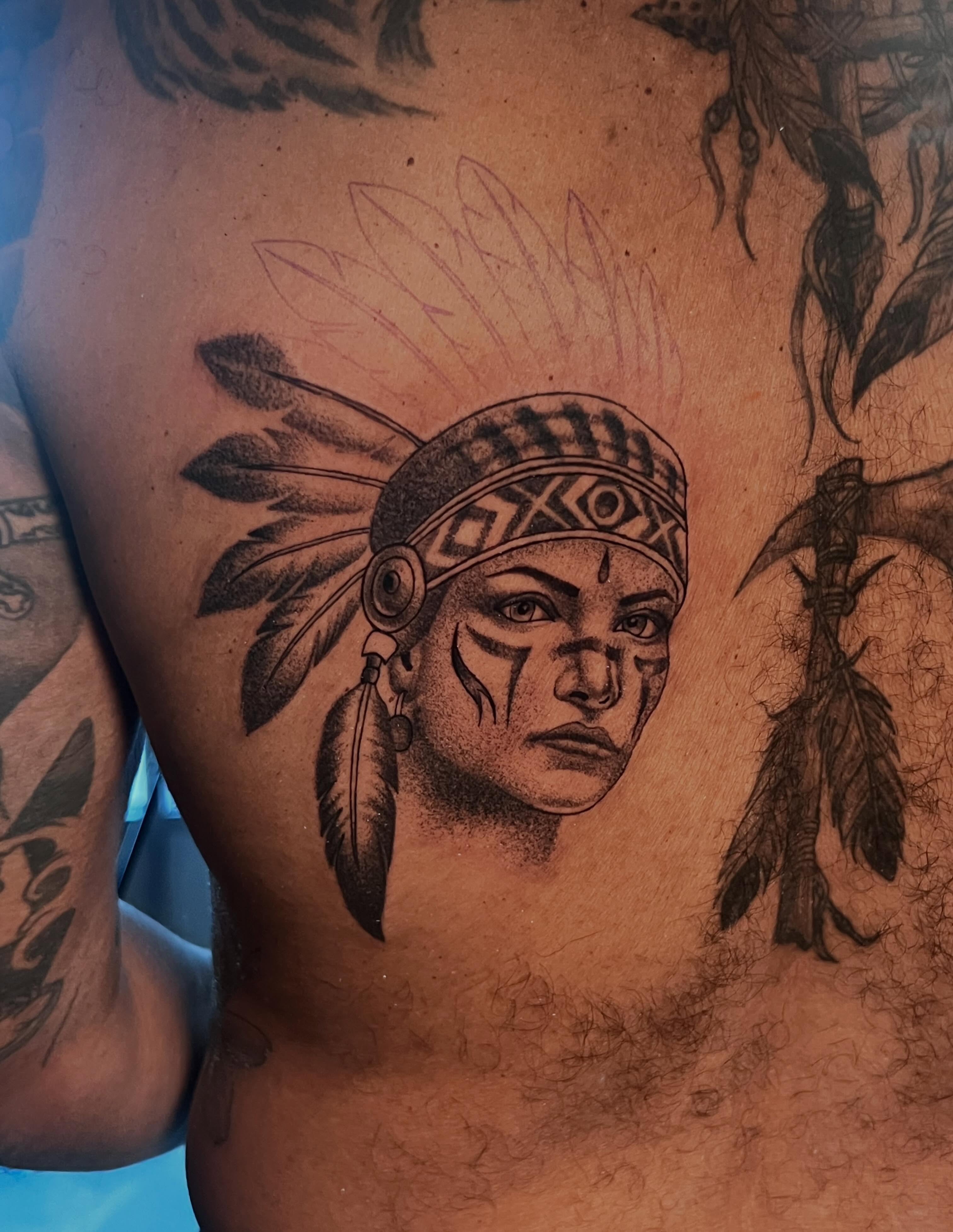 Native American woman portrait tattoo on the chest by Gerardo Galicia, New York, New York