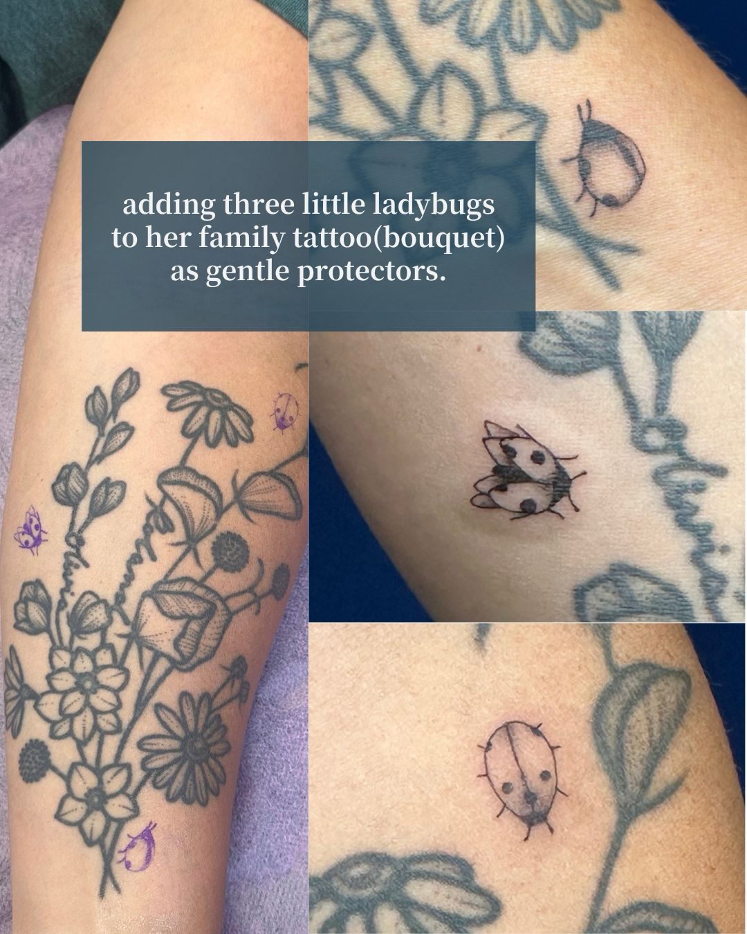 Flower bouquet black and grey tattoo on the upper arm by Tattoo Takayo