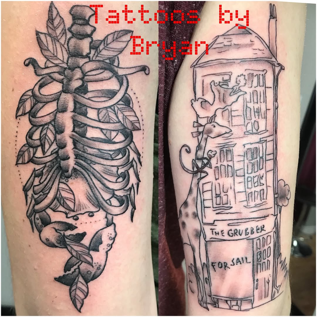 Ribcage with leaves black and grey tattoo on the upper arm by Bryan Hunt
