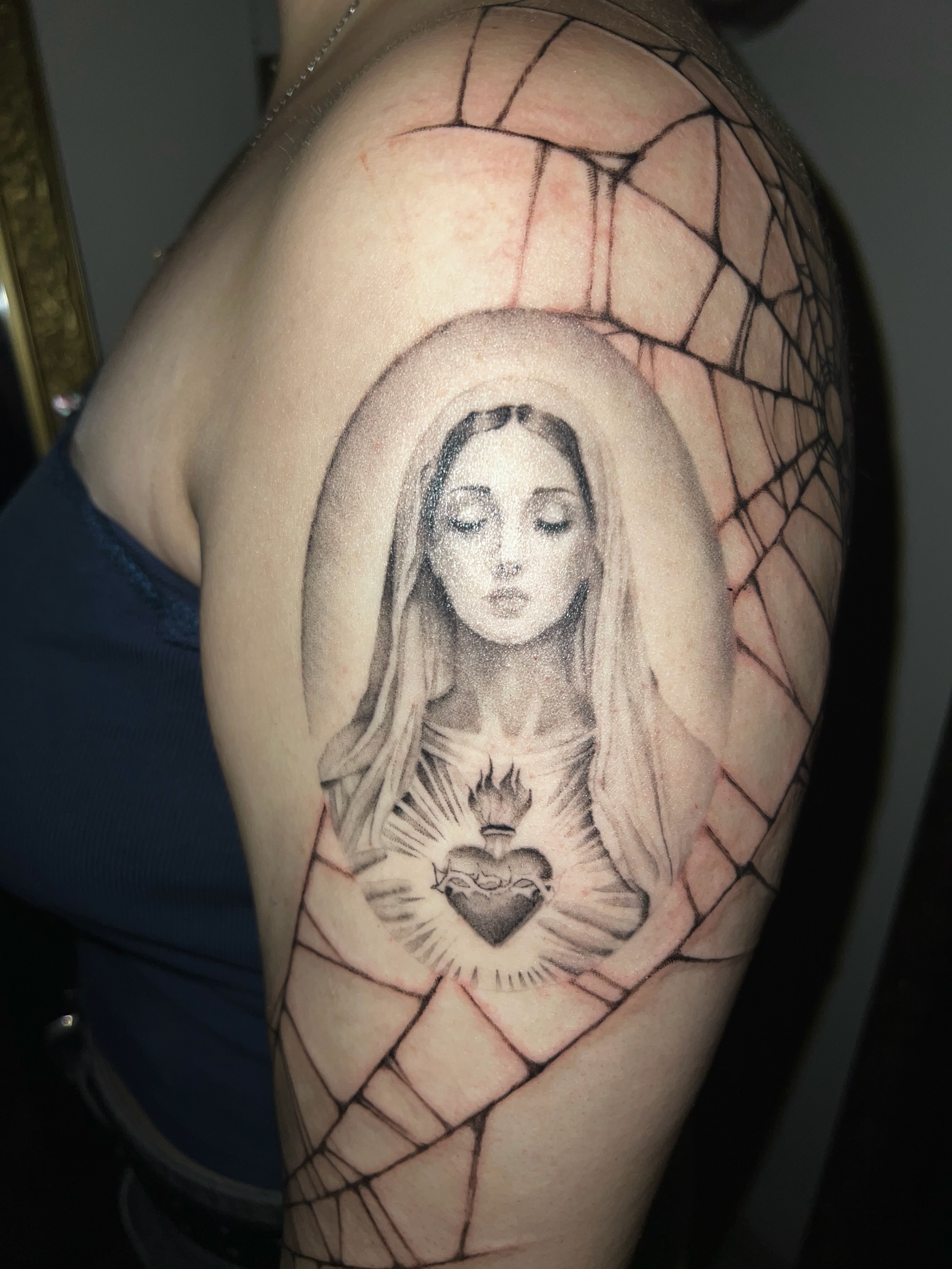 Religious figure dotwork tattoo on the shoulder by ♡ ant ☆