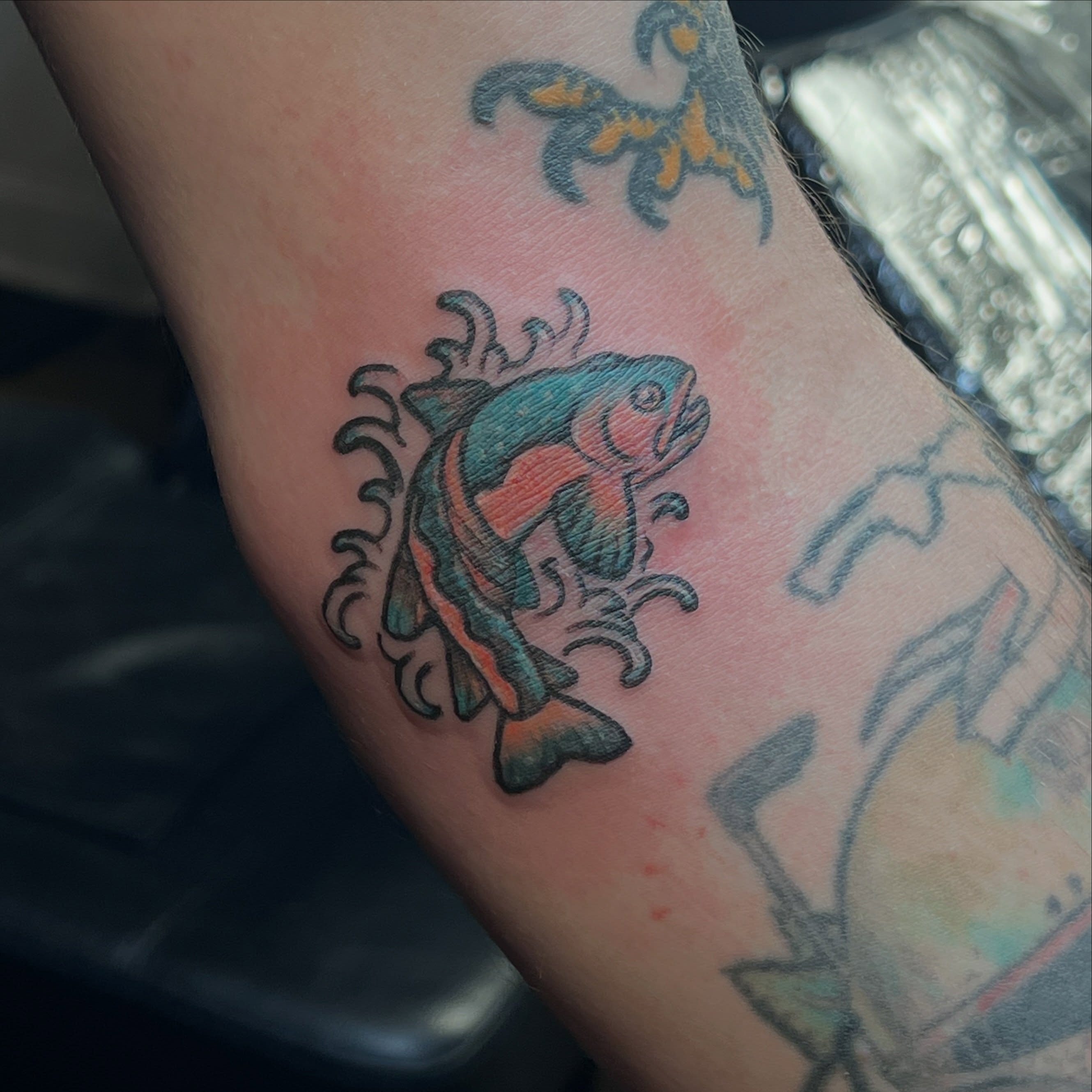 Fish American traditional tattoo on the forearm by ★𝐑𝐮𝐞★