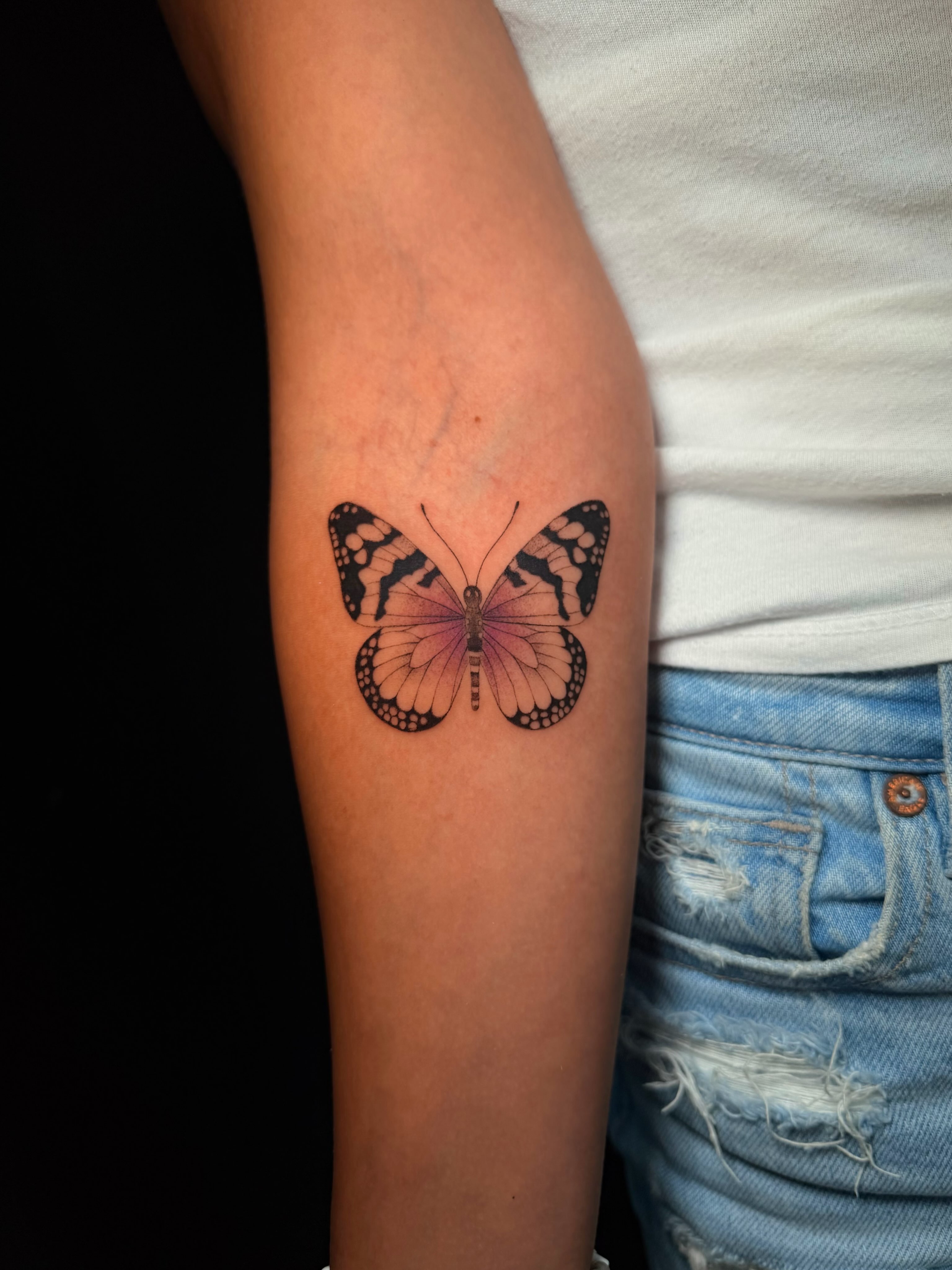 Butterfly realism tattoo on the forearm by Frida Tattooista