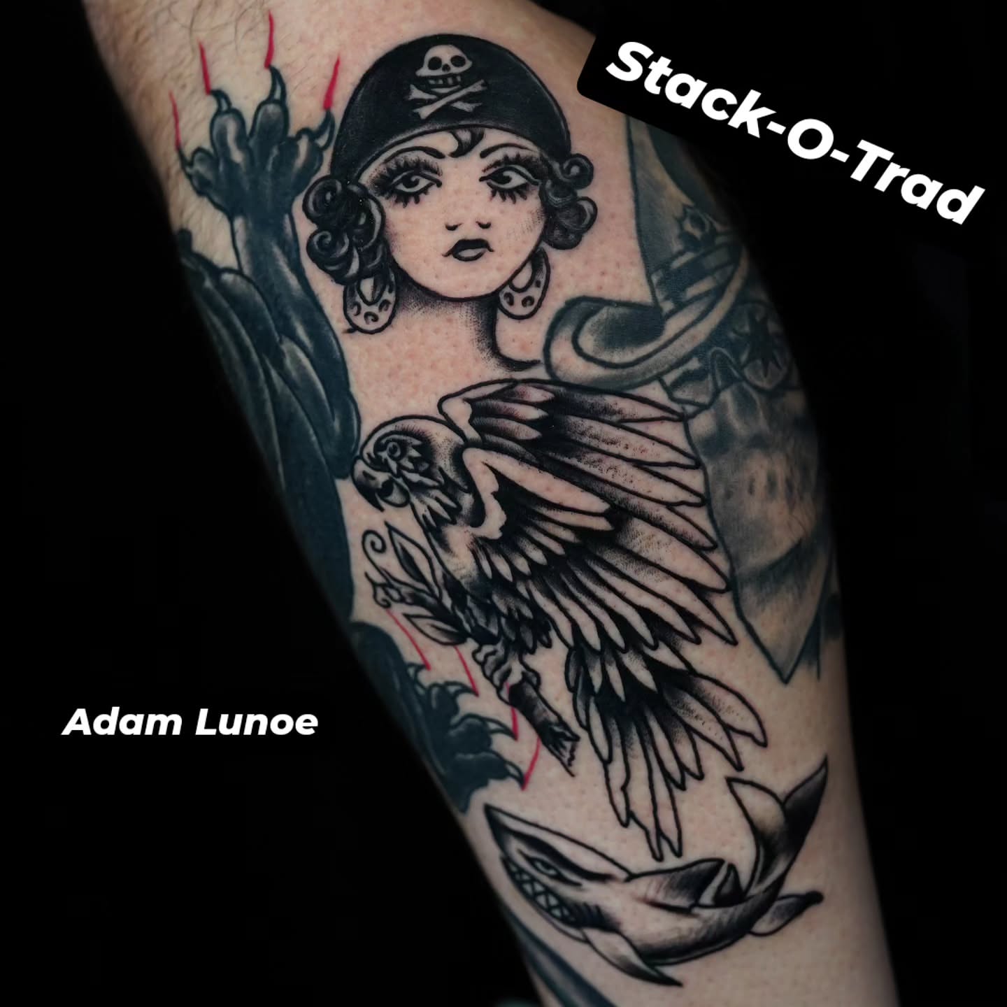 Pirate woman with parrot American traditional tattoo on the forearm by Adam Lunoe, Seattle, Washington